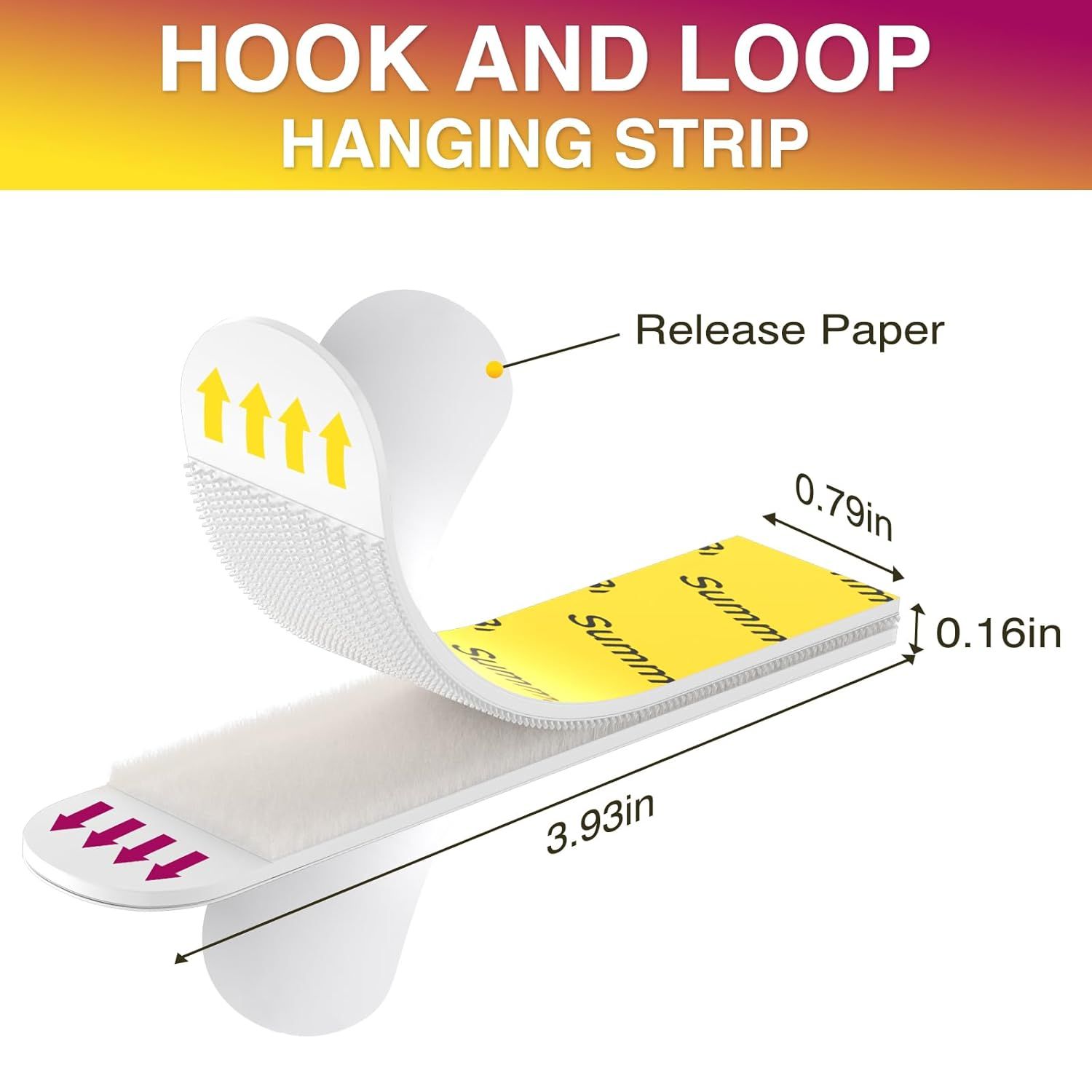 This image breaks down the physical components of the hanging strip, showing the hook and loop mechanism, release paper, and exact dimensions to help shoppers understand how the product is…