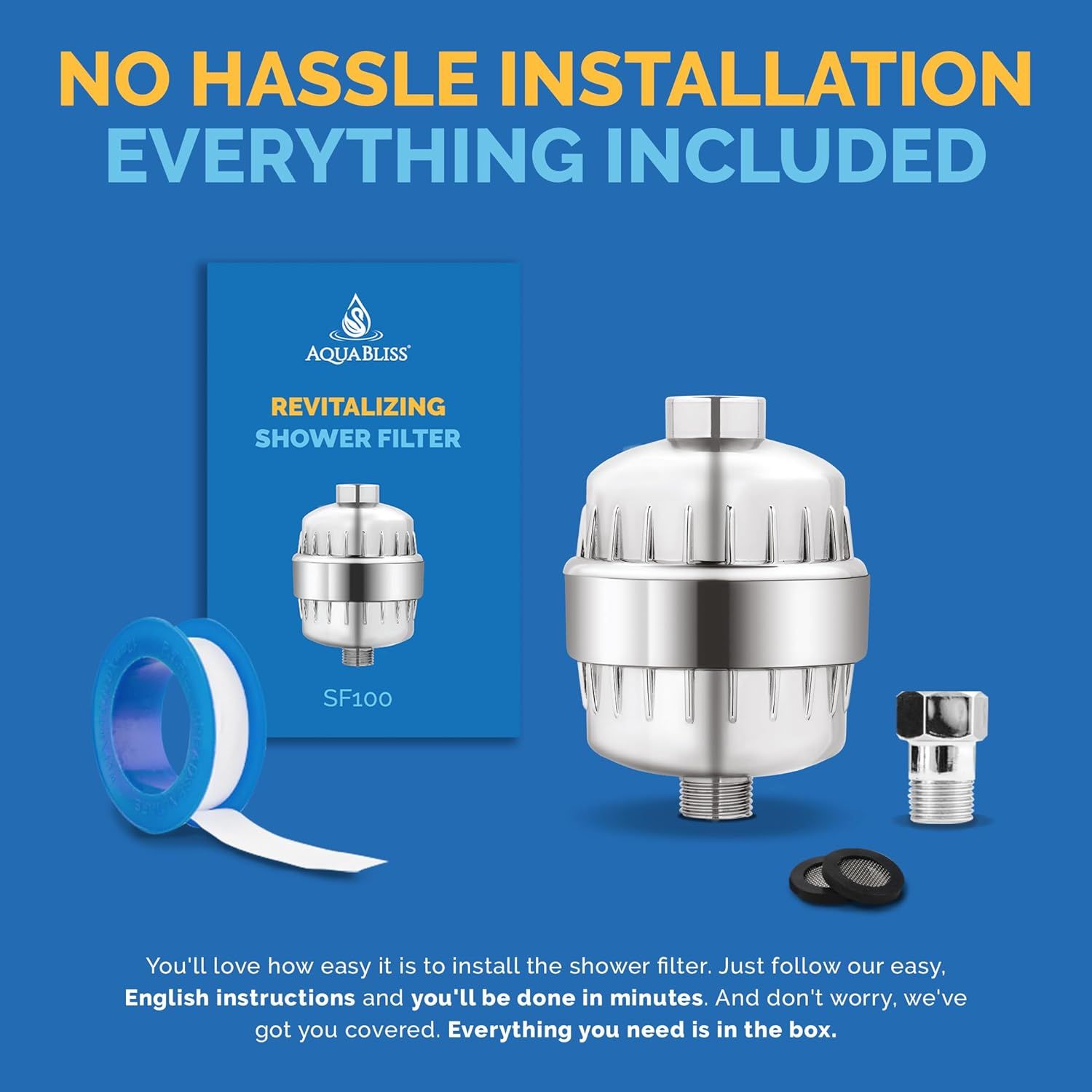 Reassures shoppers that the shower filter comes with everything needed for installation, eliminating concerns about missing parts or additional purchases. Communicates the primary benefit that…