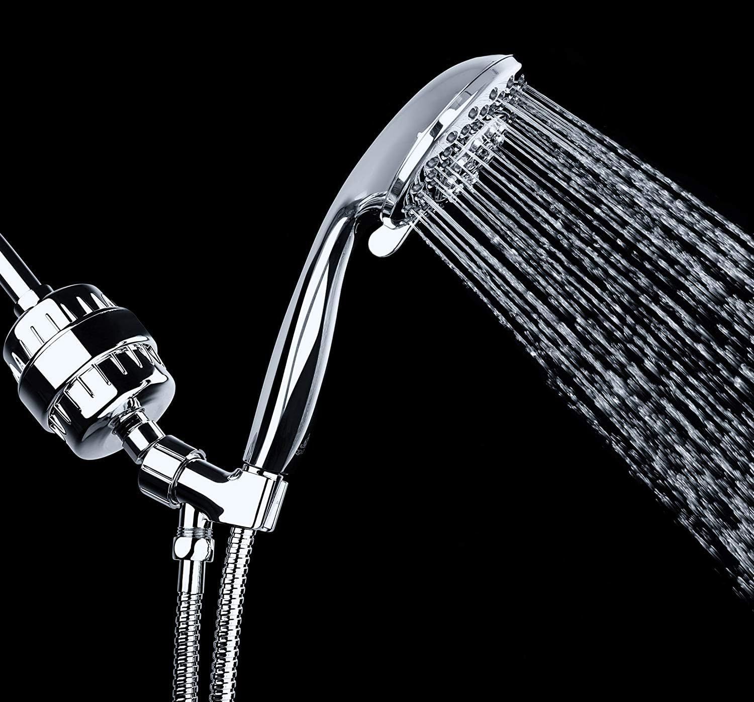 Displays the showerhead product in a clean, professional studio setting to showcase its chrome finish and water spray pattern without distractions.