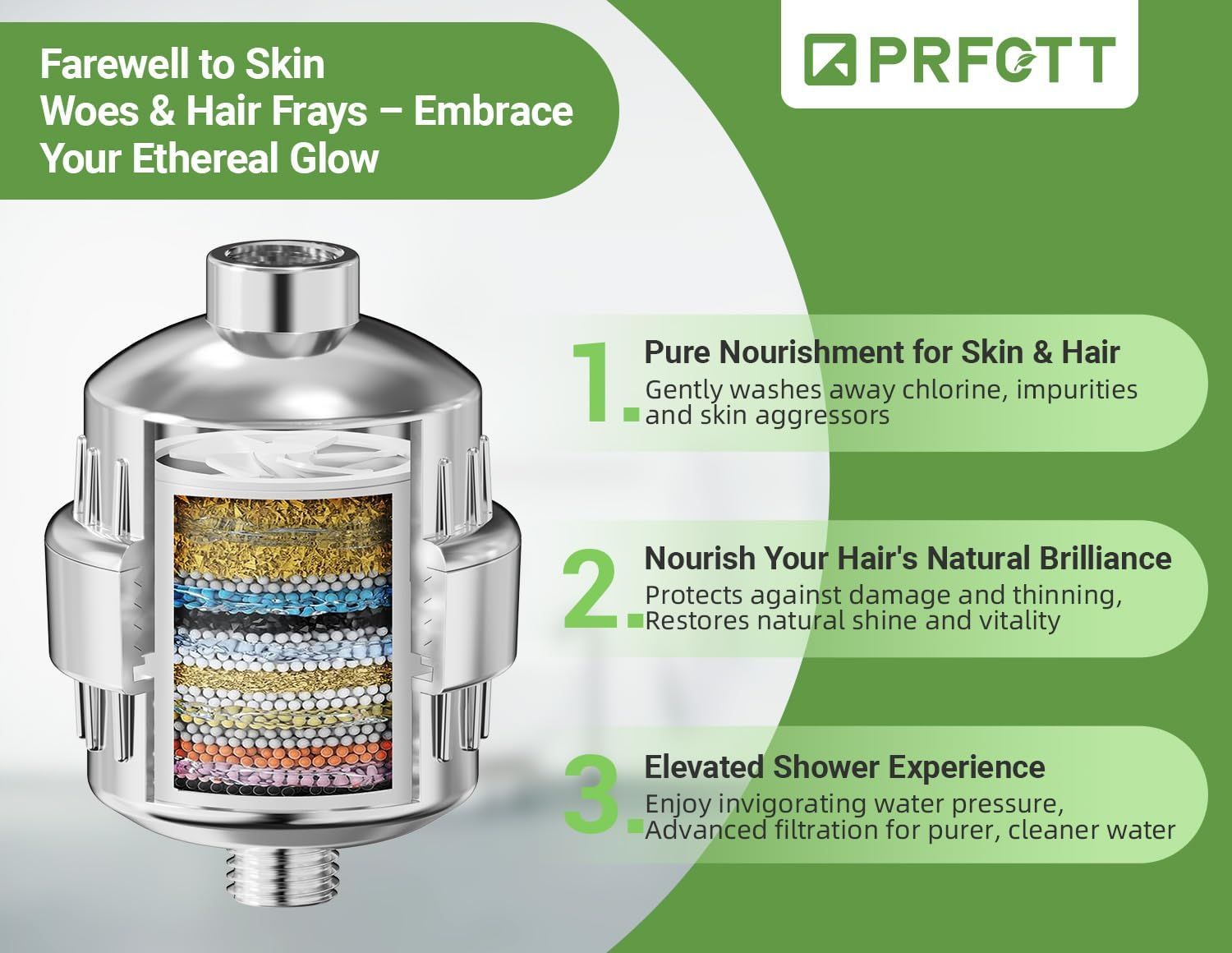 Communicates three distinct benefits of the shower filter: removing impurities for skin and hair health, protecting hair from damage while restoring shine, and providing enhanced water pressure with…