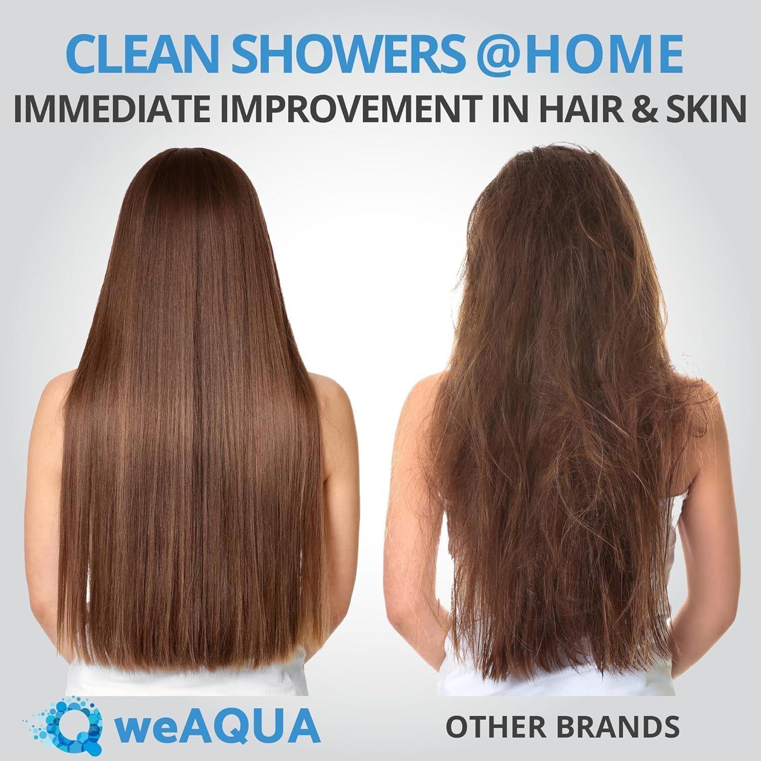 Demonstrates the transformative results of using the weAQUA shower filter, showing smoother, shinier hair and healthier skin compared to other brands. Compares the weAQUA brand's results directly…