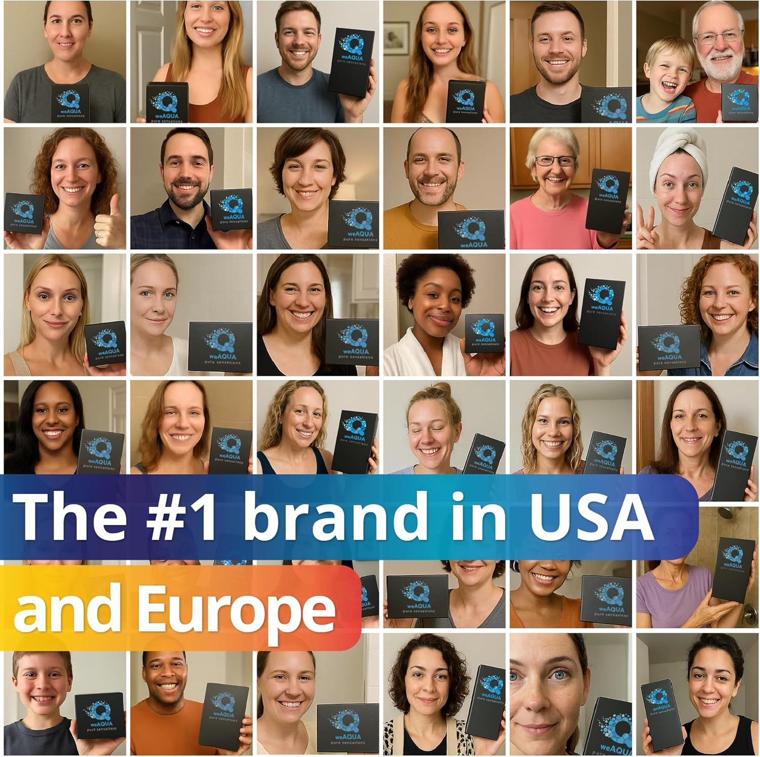 Builds trust and social proof by showing a diverse range of real customers happily holding the product, demonstrating widespread satisfaction and authenticity. Reinforces brand credibility and…