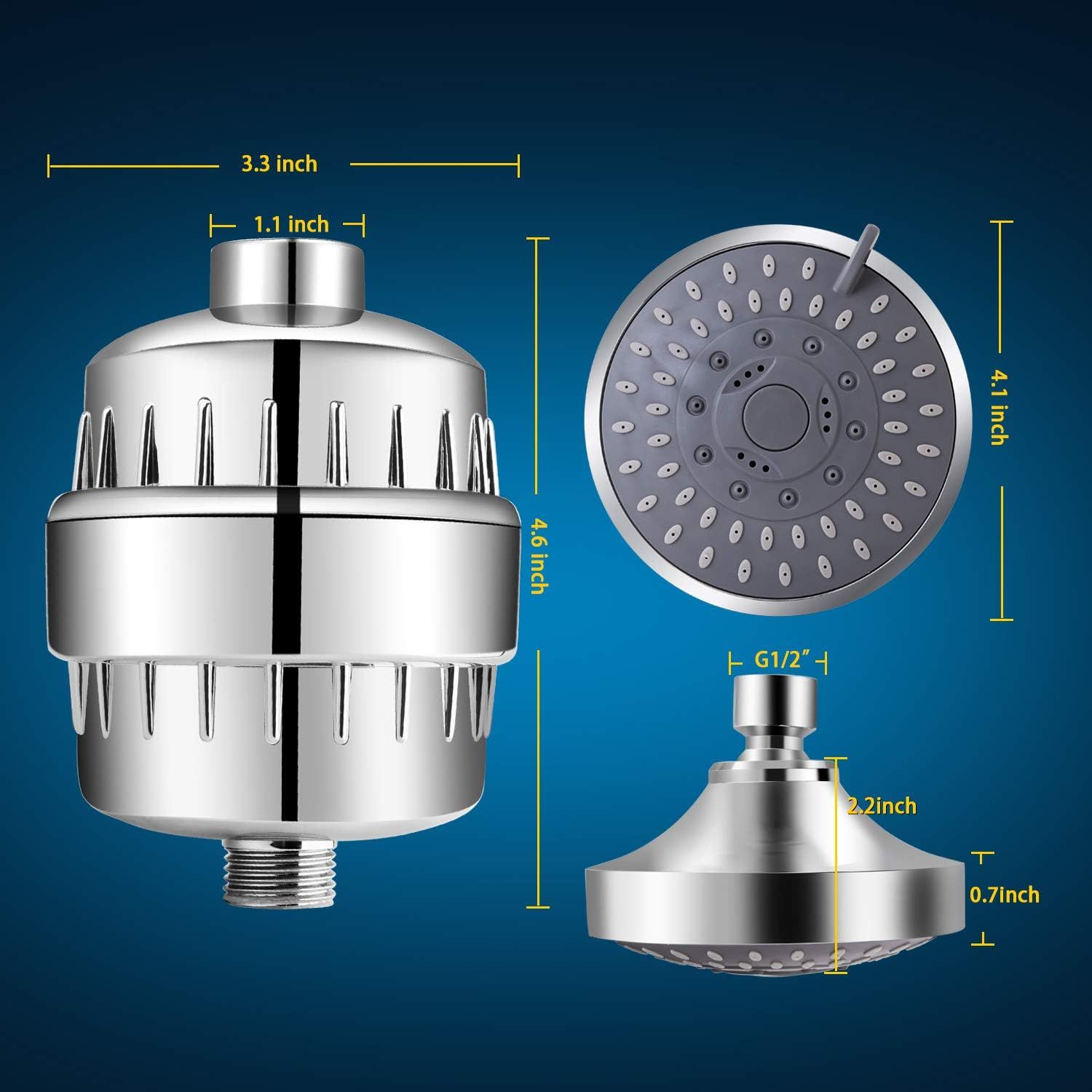 Communicates the exact physical dimensions of the shower head product from multiple angles to help shoppers understand its size and ensure compatibility with their bathroom setup.