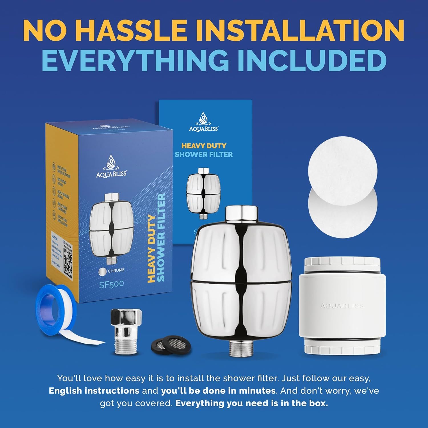 Reassures shoppers that the shower filter comes with everything needed for installation, eliminating concerns about missing parts or additional purchases. Communicates the primary benefit of…