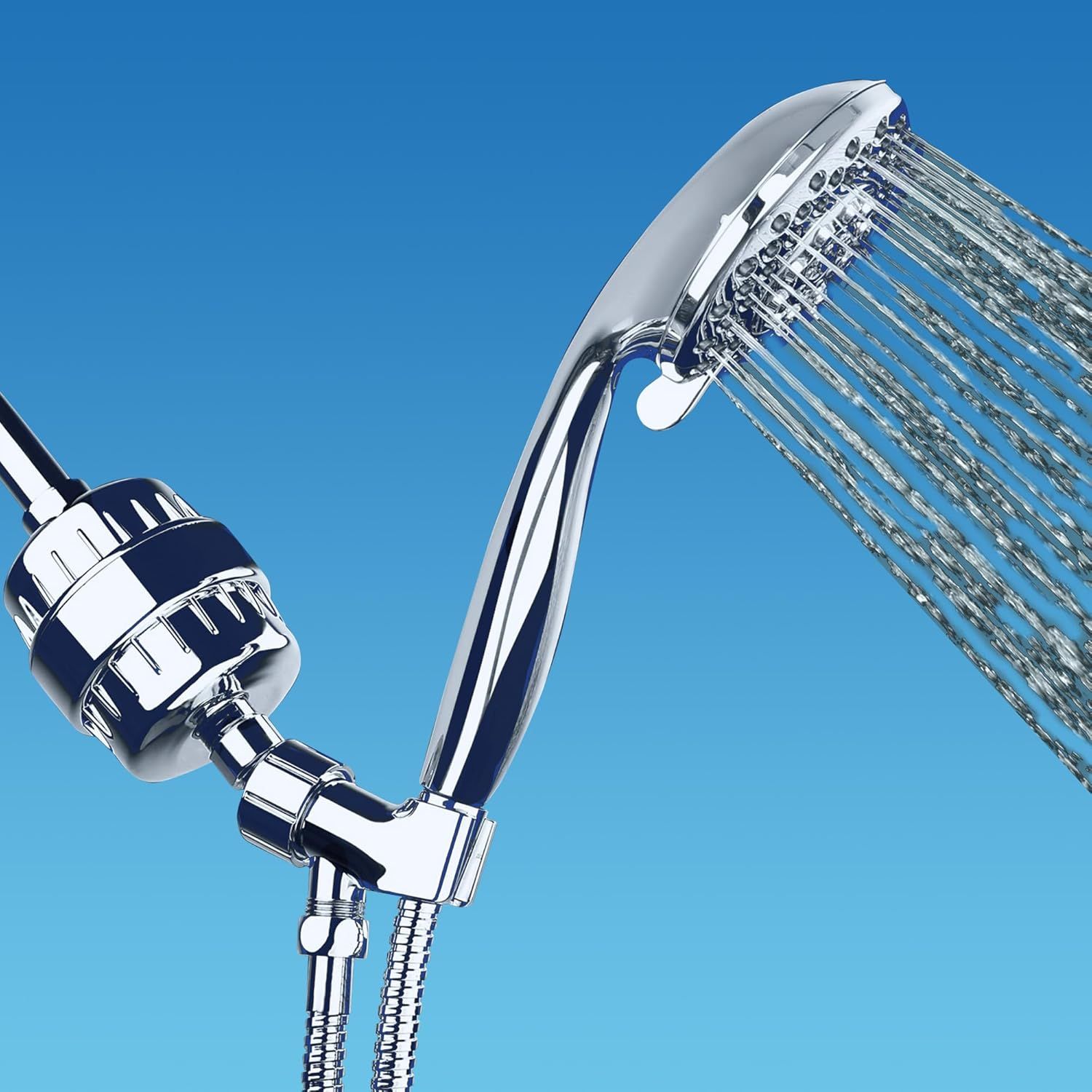 Provides a clean, catalog-style view of the complete dual showerhead product with handheld and overhead components, allowing shoppers to see the full product design and chrome finish.