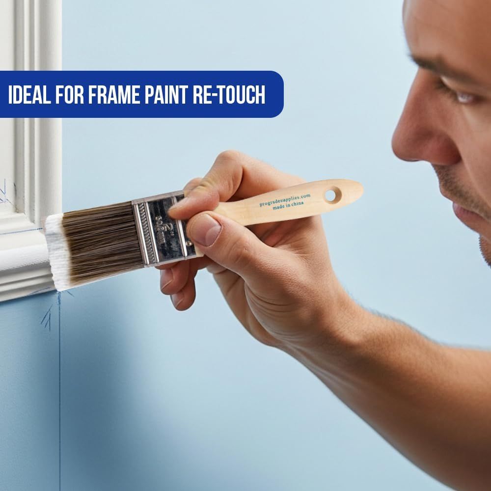 Demonstrates a specific use case for the paintbrush, showing shoppers that it is ideal for precision work like touching up frame paint. Communicates that the brush is well-suited for detailed,…