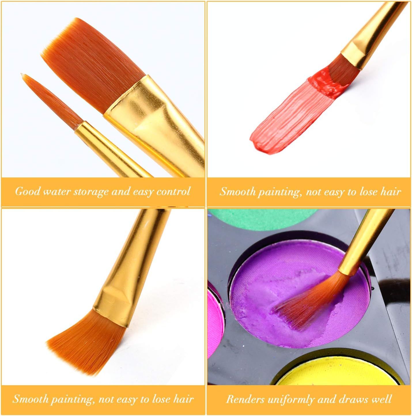 Highlights the physical features and construction quality of the paint brushes, showing close-up details of bristles, ferrule, and handle to demonstrate superior craftsmanship and functional design.…