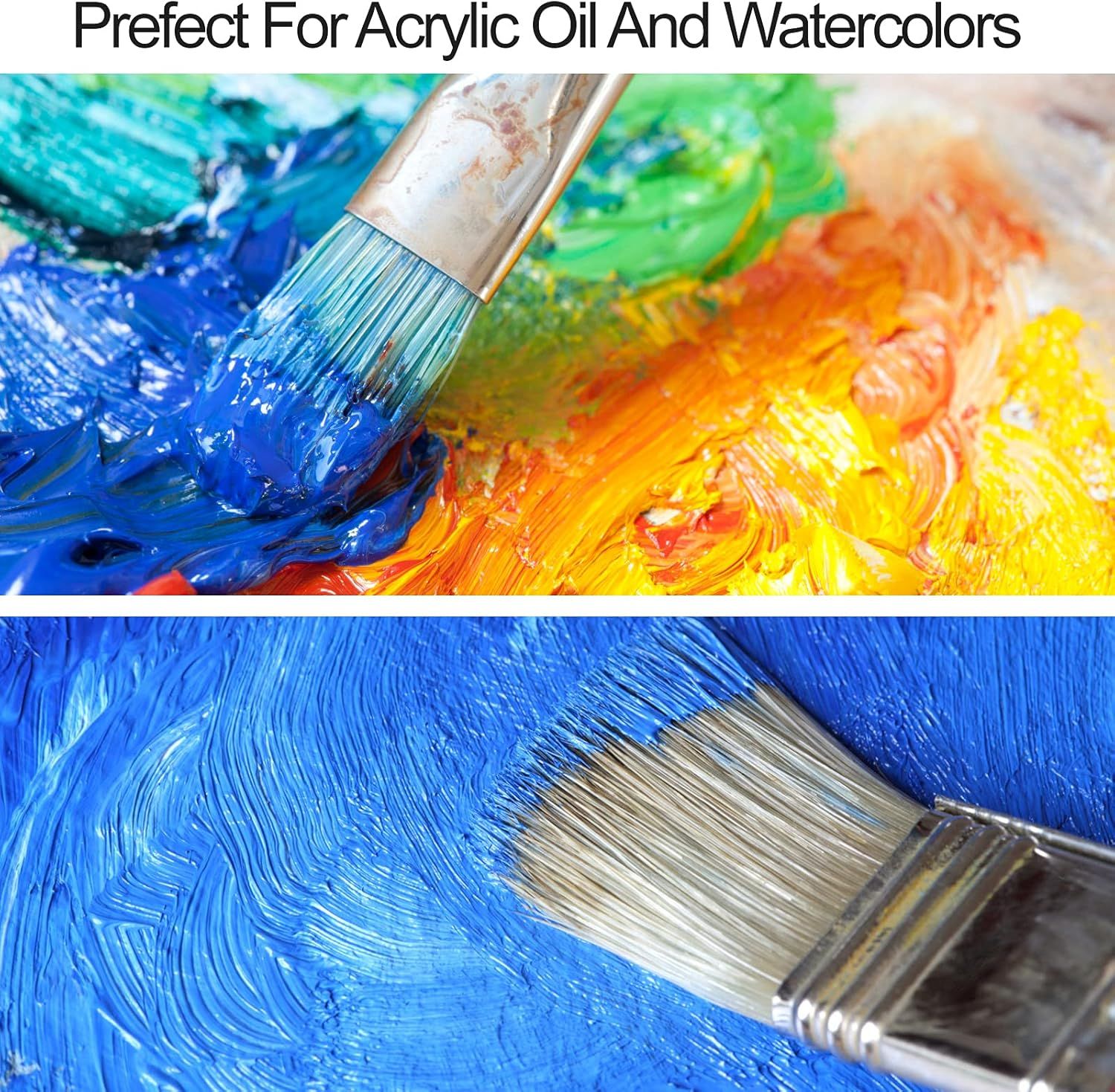 Demonstrates the product's versatility by showing it works with multiple types of paint media, reassuring artists that it's suitable for their preferred painting techniques.