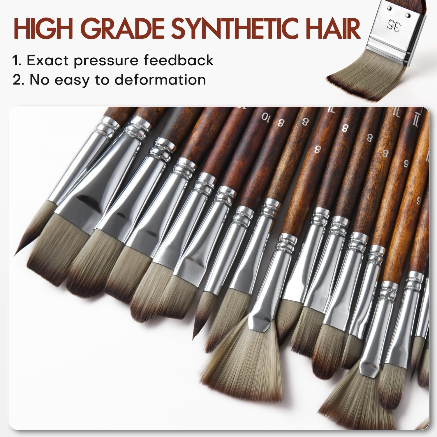 Communicates multiple quality benefits of the synthetic hair brushes, emphasizing premium material quality, precise control, and durability to reassure shoppers of professional-grade performance.