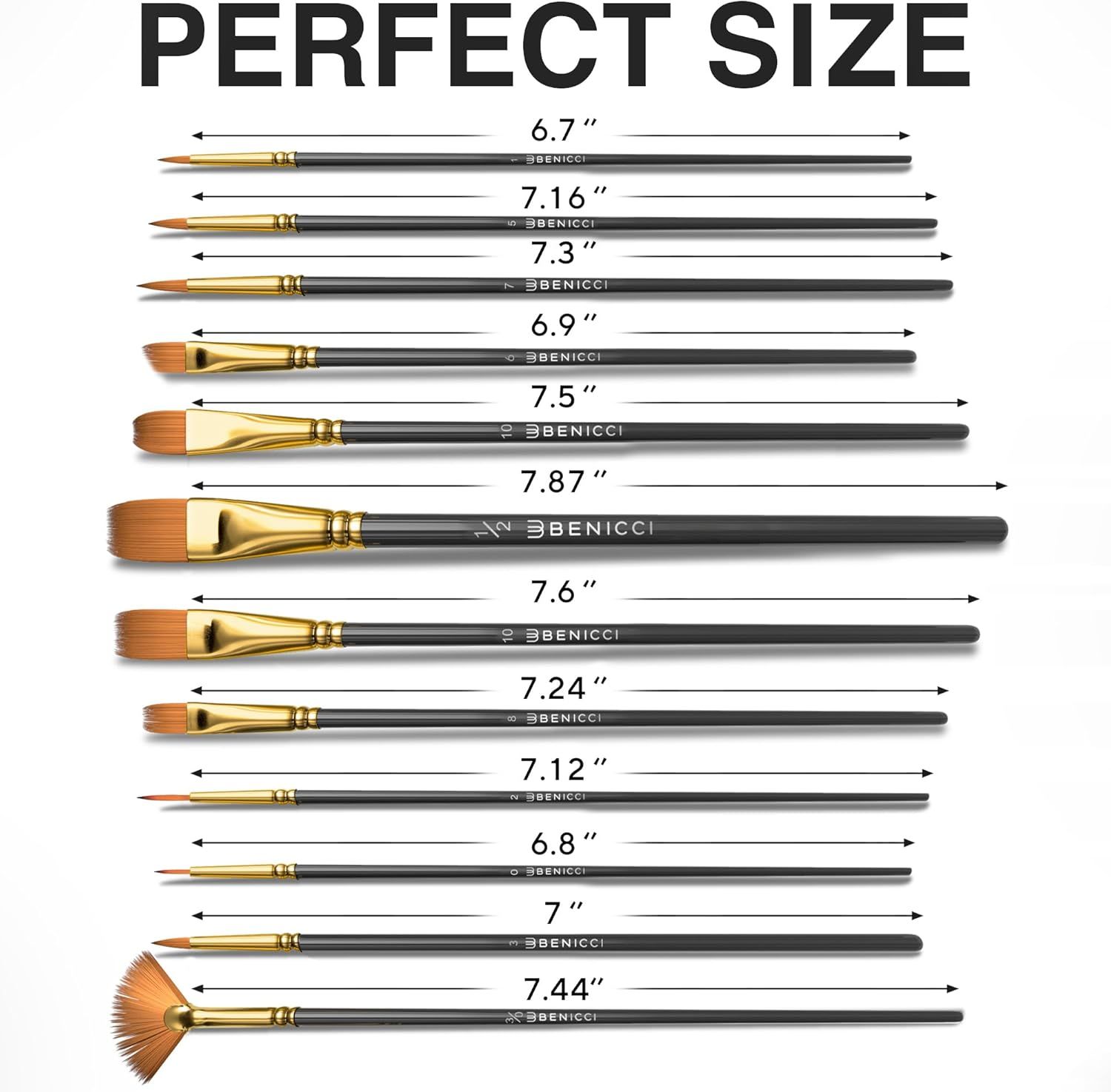Shows the exact length measurements of each brush in the set to help shoppers understand the physical size and variety of brushes included. Displays all the different brush types and sizes included…