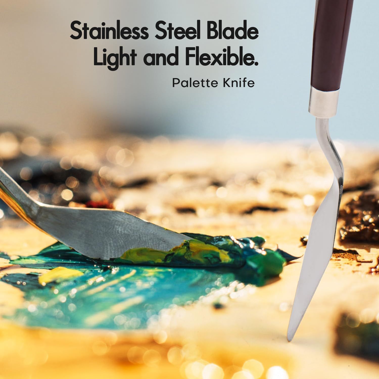 Highlights the palette knife's stainless steel construction and its key benefits of being light and flexible, reassuring artists and bakers of its quality and ease of use.