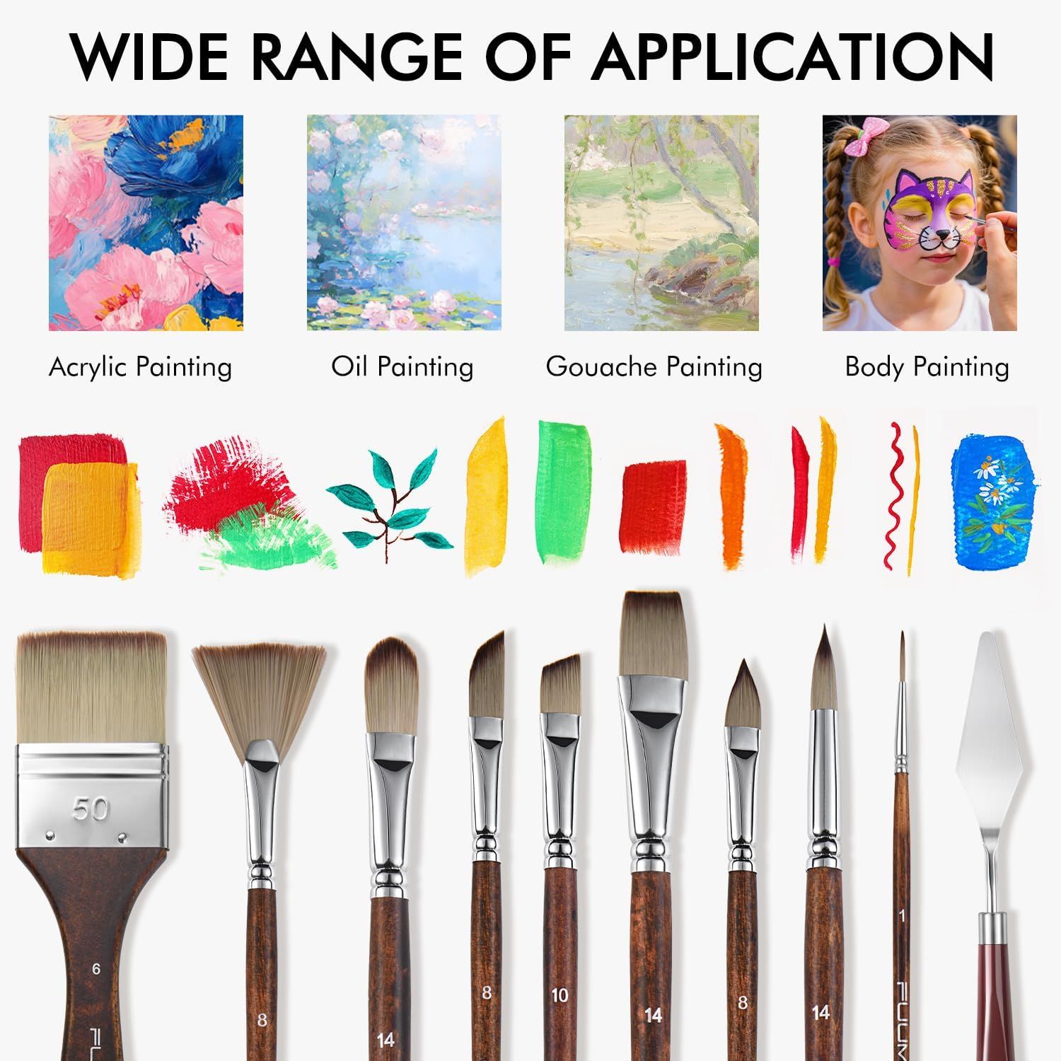 Demonstrates the wide range of painting applications and techniques the brush set can be used for, from acrylic and oil painting to gouache and body painting, reassuring shoppers of the product's…