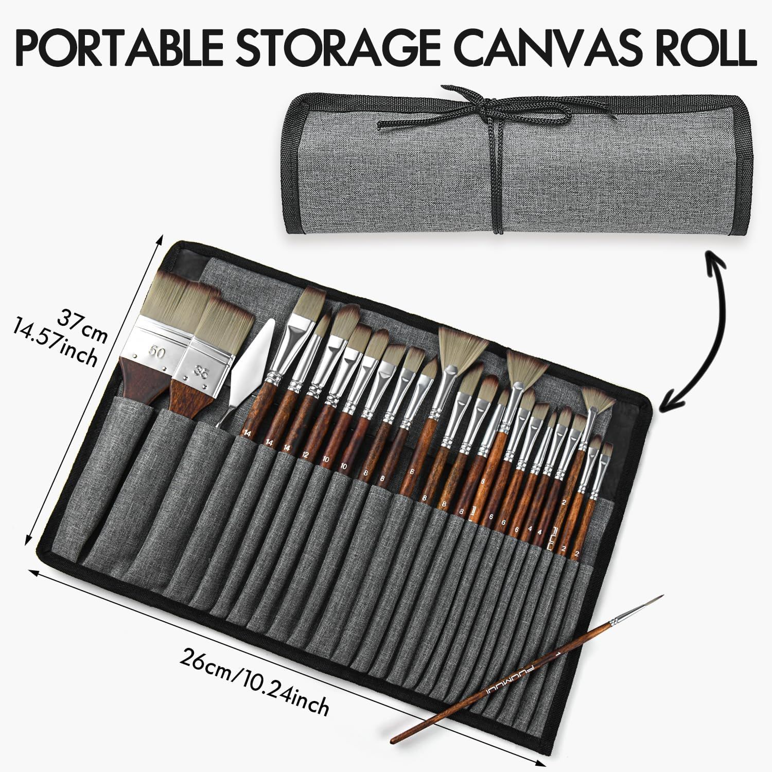 Communicates the exact physical dimensions of the canvas roll (37cm x 26cm / 14.57 x 10.24 inches) and shows how it rolls up for portability, helping shoppers understand the product's size and…