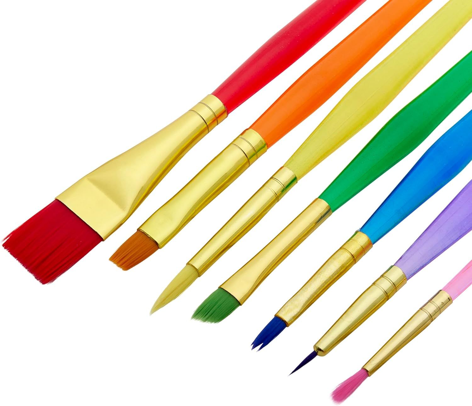 Provides a clean, catalog-style product view showing the variety of brush sizes and vibrant color options available in the set.