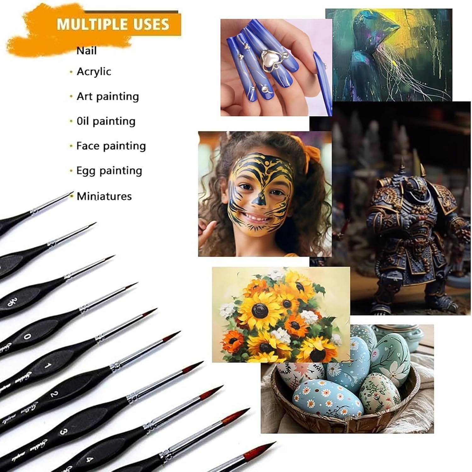 Demonstrates the versatility of the paint brushes by showing multiple creative applications across different art forms and crafts, reassuring shoppers that this is a multi-purpose tool suitable for…
