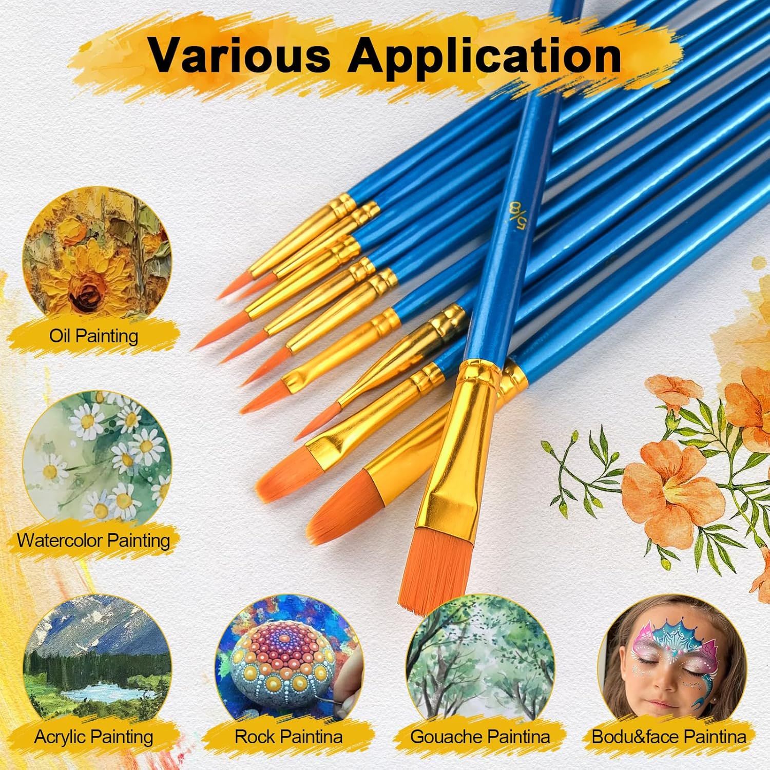Demonstrates the product's versatility by showing it can be used for multiple art forms including oil painting, watercolor, acrylic, rock painting, gouache, and body/face painting, reassuring…