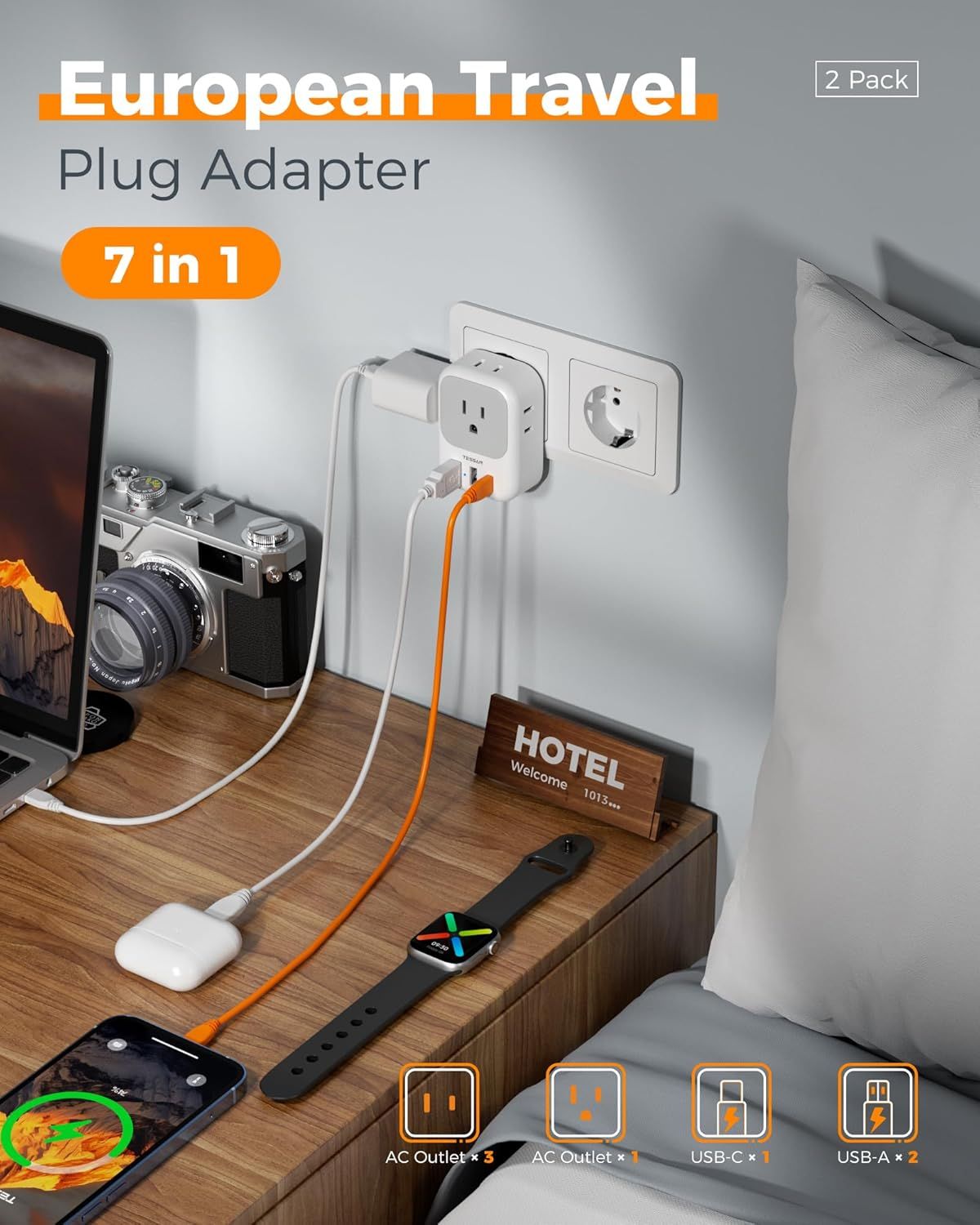 Shows what the customer receives and demonstrates the adapter's versatility with multiple outlet types (AC outlets, USB-C, USB-A) in a real-world hotel…