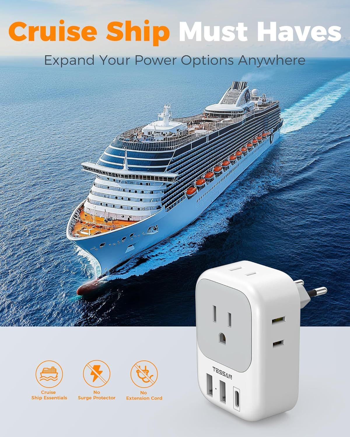 Demonstrates the product's suitability for cruise ship travel, positioning it as a must-have travel accessory that expands power options in cruise cabins.…