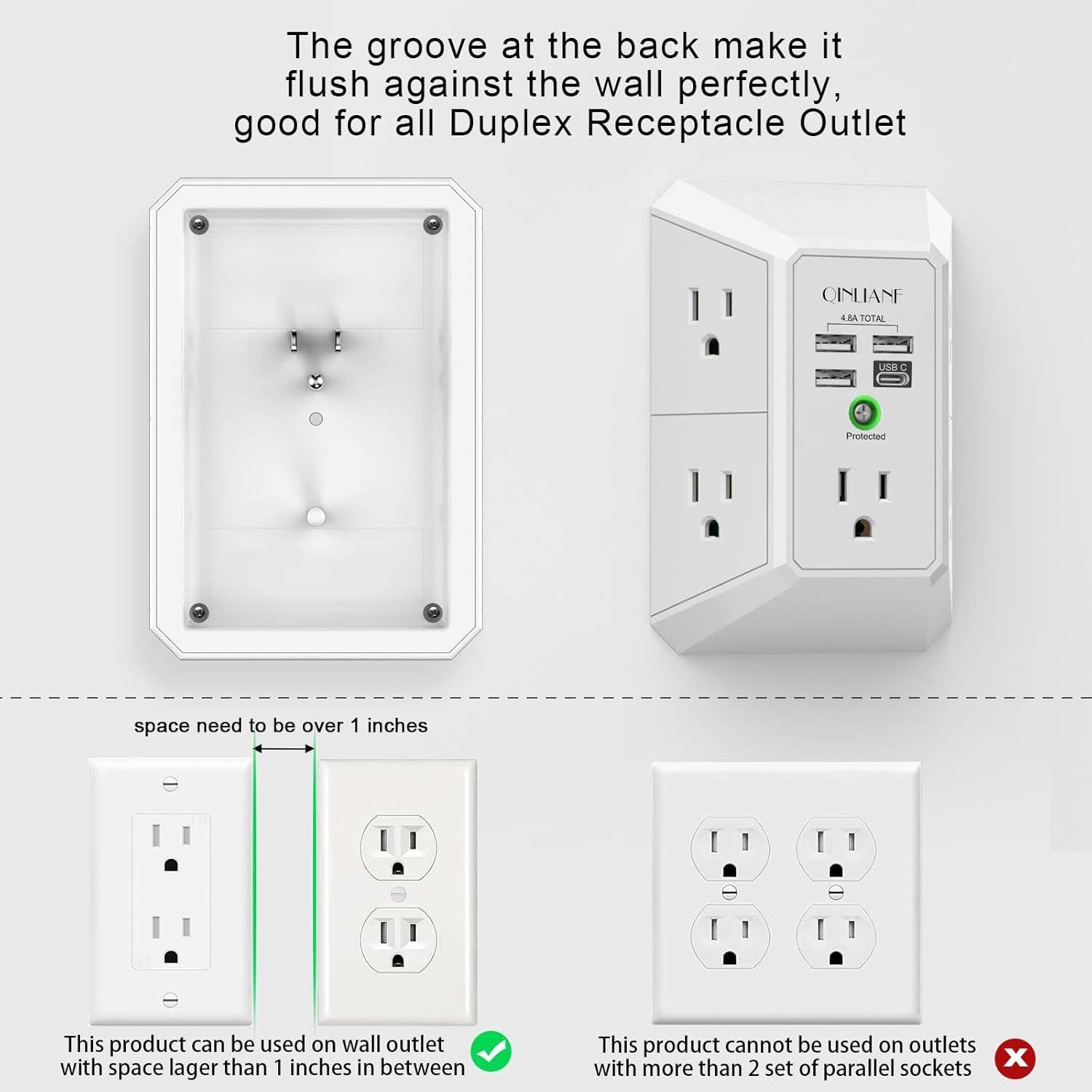 Demonstrates which types of wall outlets the product is compatible with and which configurations it cannot be used with, helping shoppers understand…