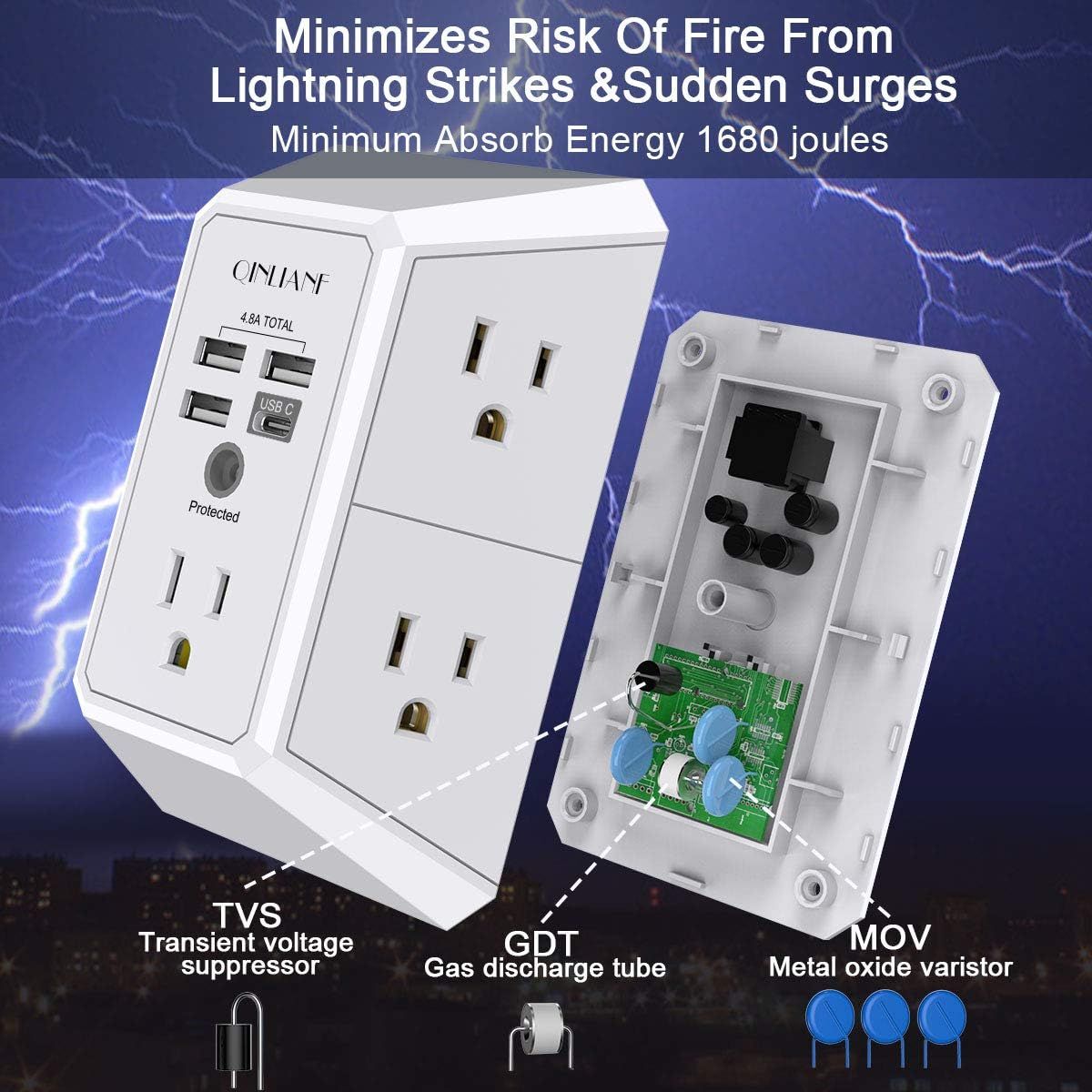This image breaks down the internal safety components of the surge protector to demonstrate how it protects against lightning strikes and power surges, reassuring shoppers of its technical…