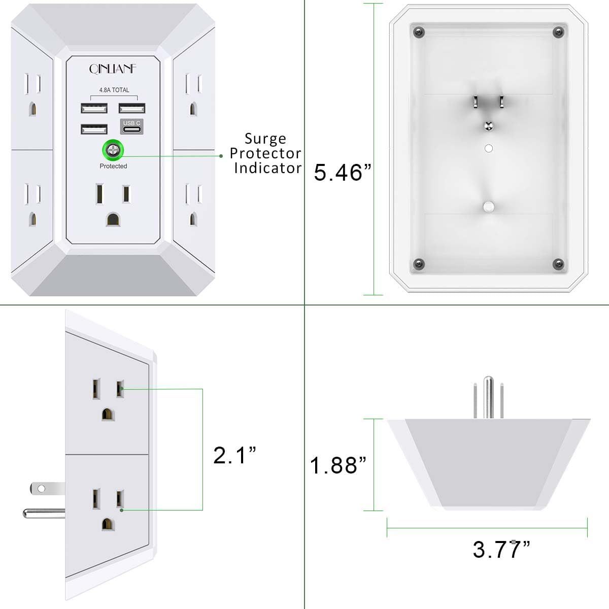 Communicates the exact physical dimensions of the wall outlet adapter from multiple angles (height, width, depth) to help shoppers understand how much space…