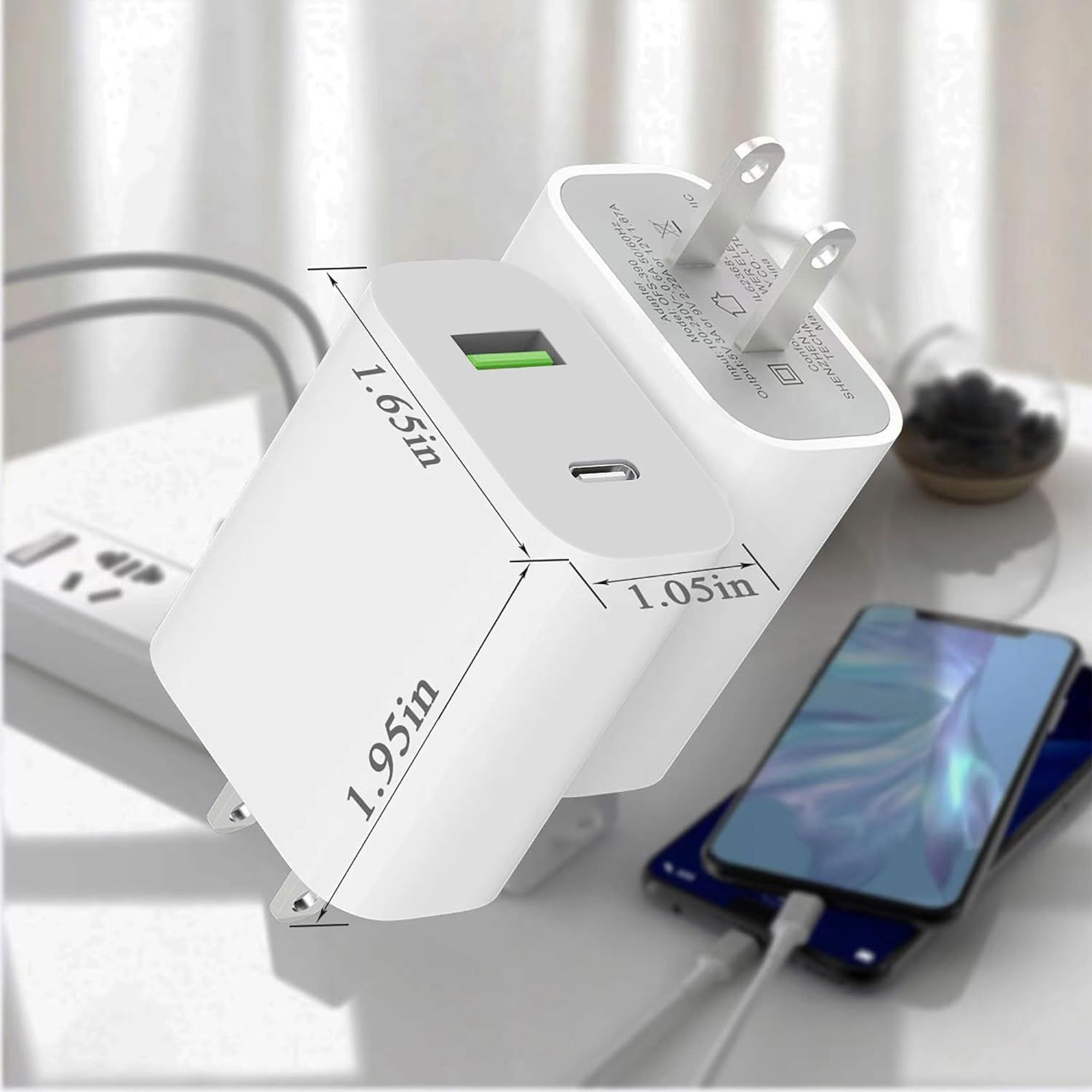 Communicates the physical size of the charger with exact measurements to reassure shoppers that it's compact and portable.