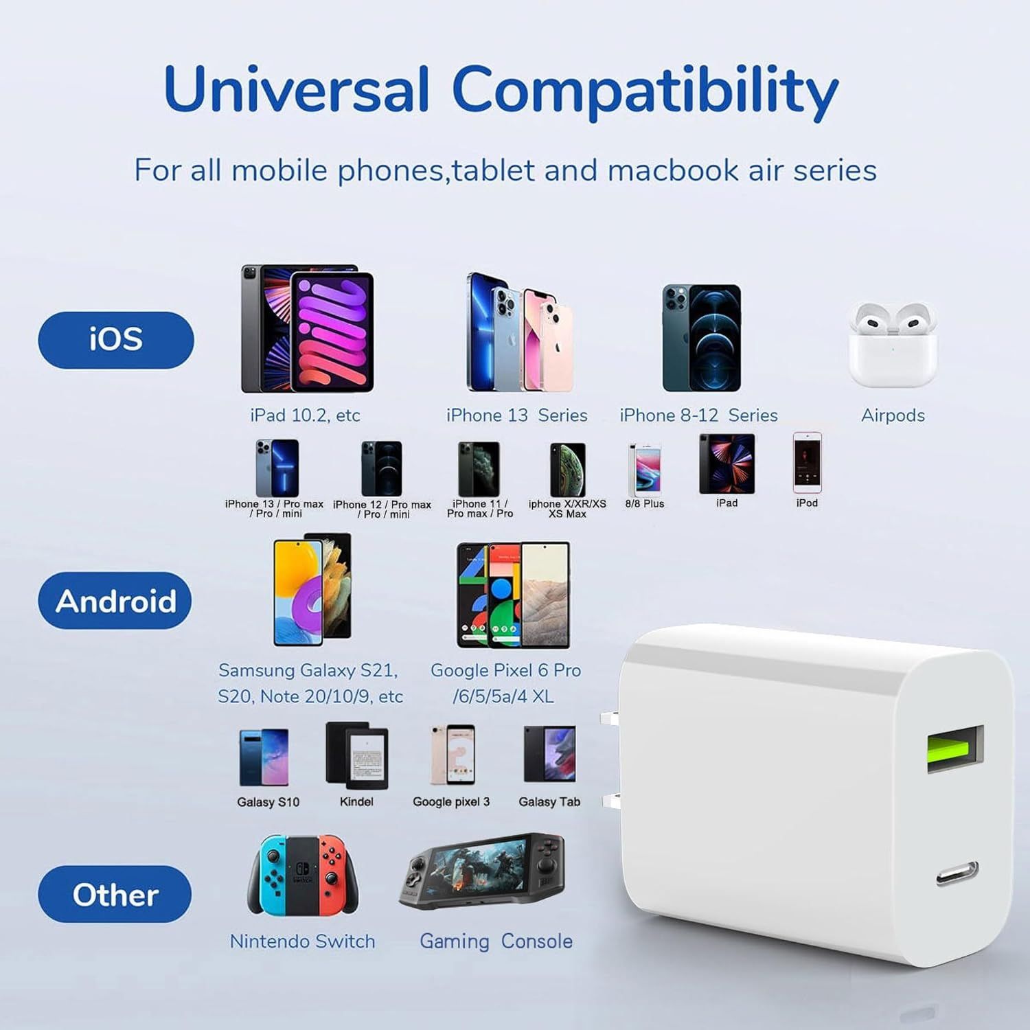Demonstrates the product's broad compatibility across iOS, Android, and other devices to reassure shoppers it will work with their specific phone, tablet, or device.
