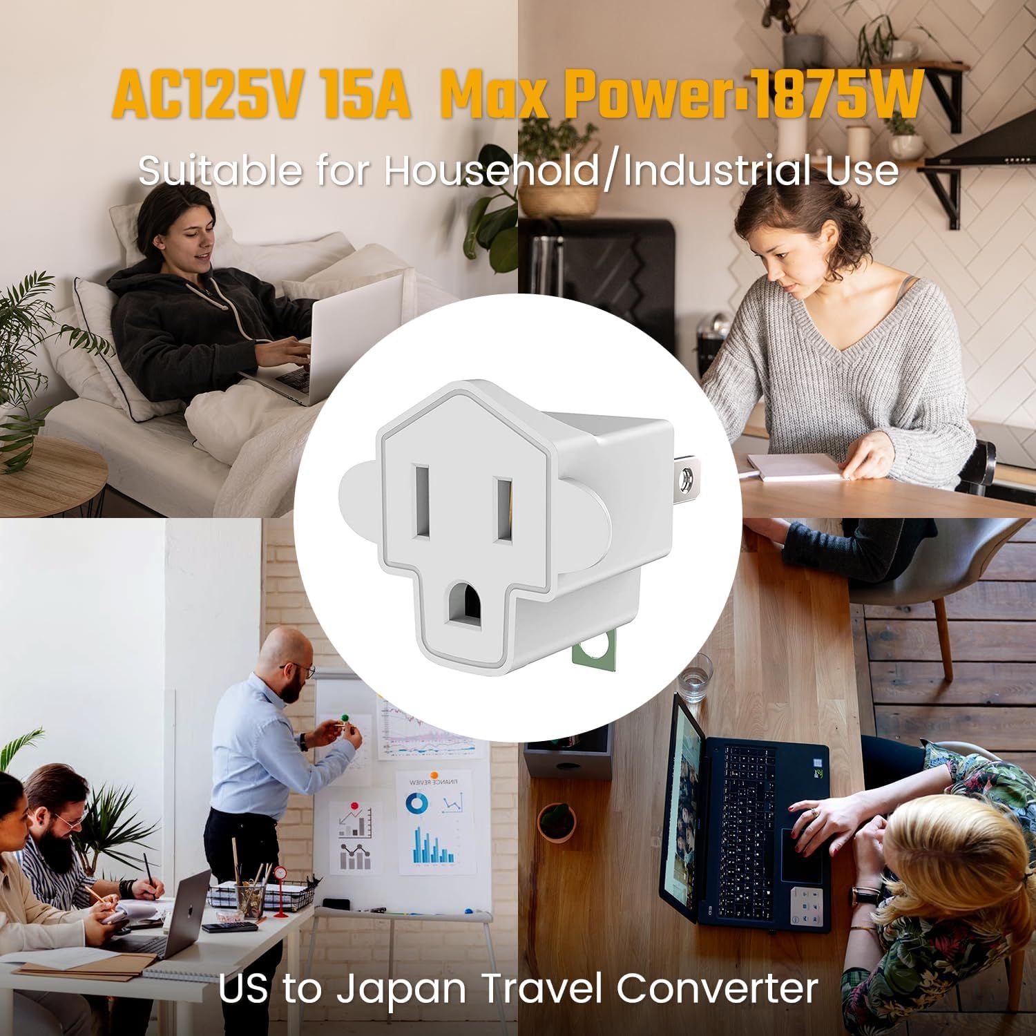 Demonstrates the product's versatility by showing multiple use cases across different environments (home office, work, travel), reassuring shoppers that this travel converter works in various…