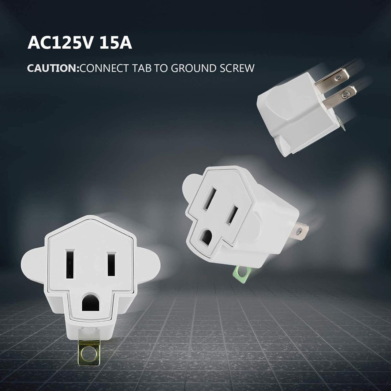 Communicates the electrical capacity and voltage rating of the adapter to reassure shoppers it meets their power requirements. Highlights the grounding tab safety feature with a caution notice to…