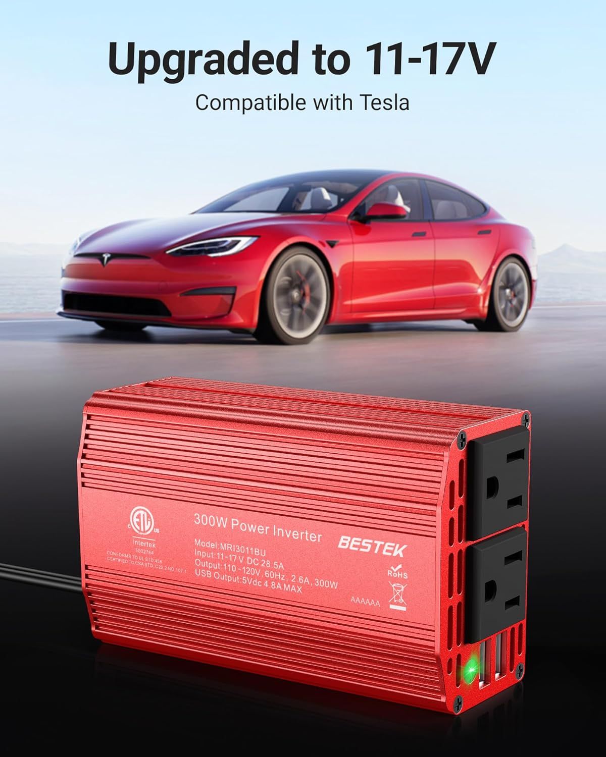 Demonstrates that the power inverter is compatible with Tesla vehicles and has been upgraded to work with 11-17V systems, reassuring shoppers about vehicle-specific compatibility. Highlights the key…