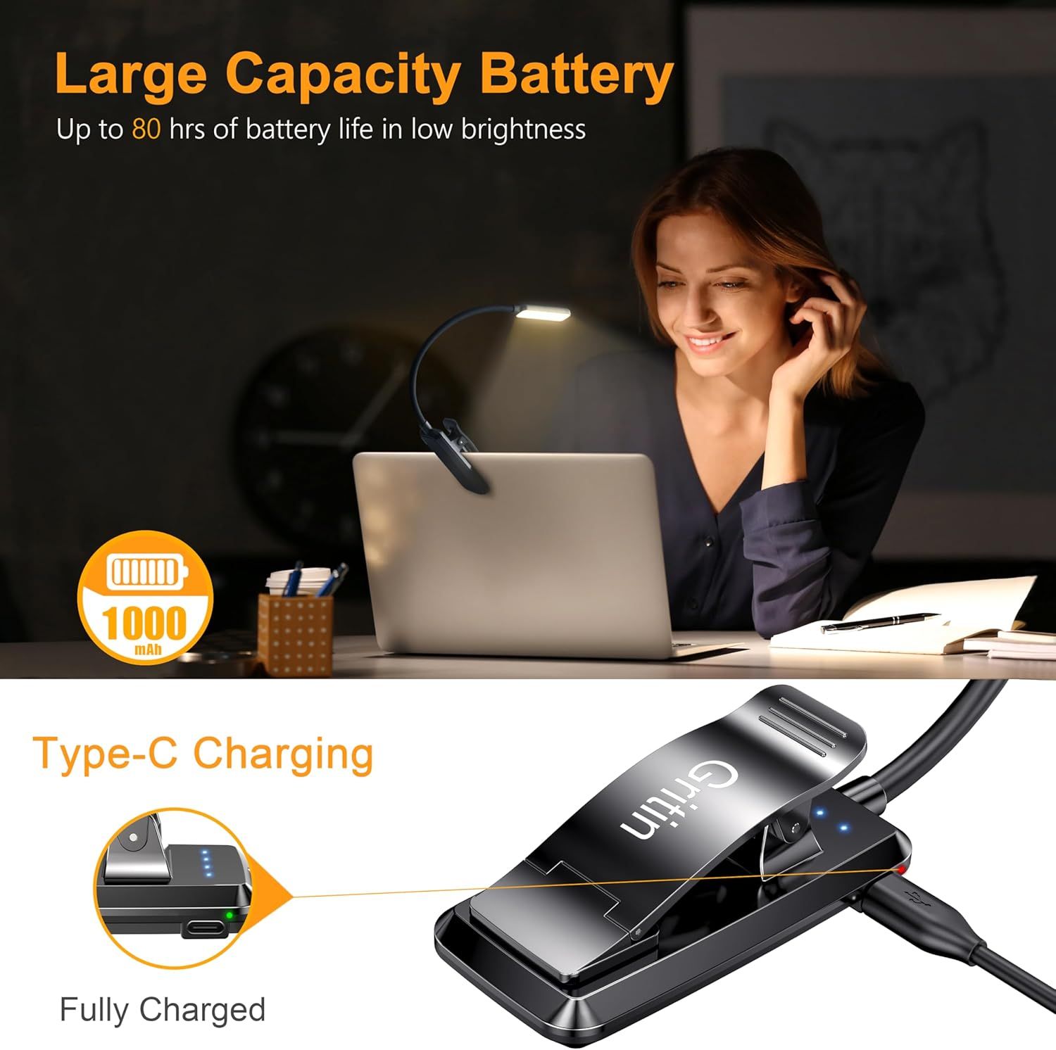 Communicates the product's impressive battery capacity and runtime to reassure shoppers they can use the light for extended periods without recharging. Highlights two distinct product benefits in…