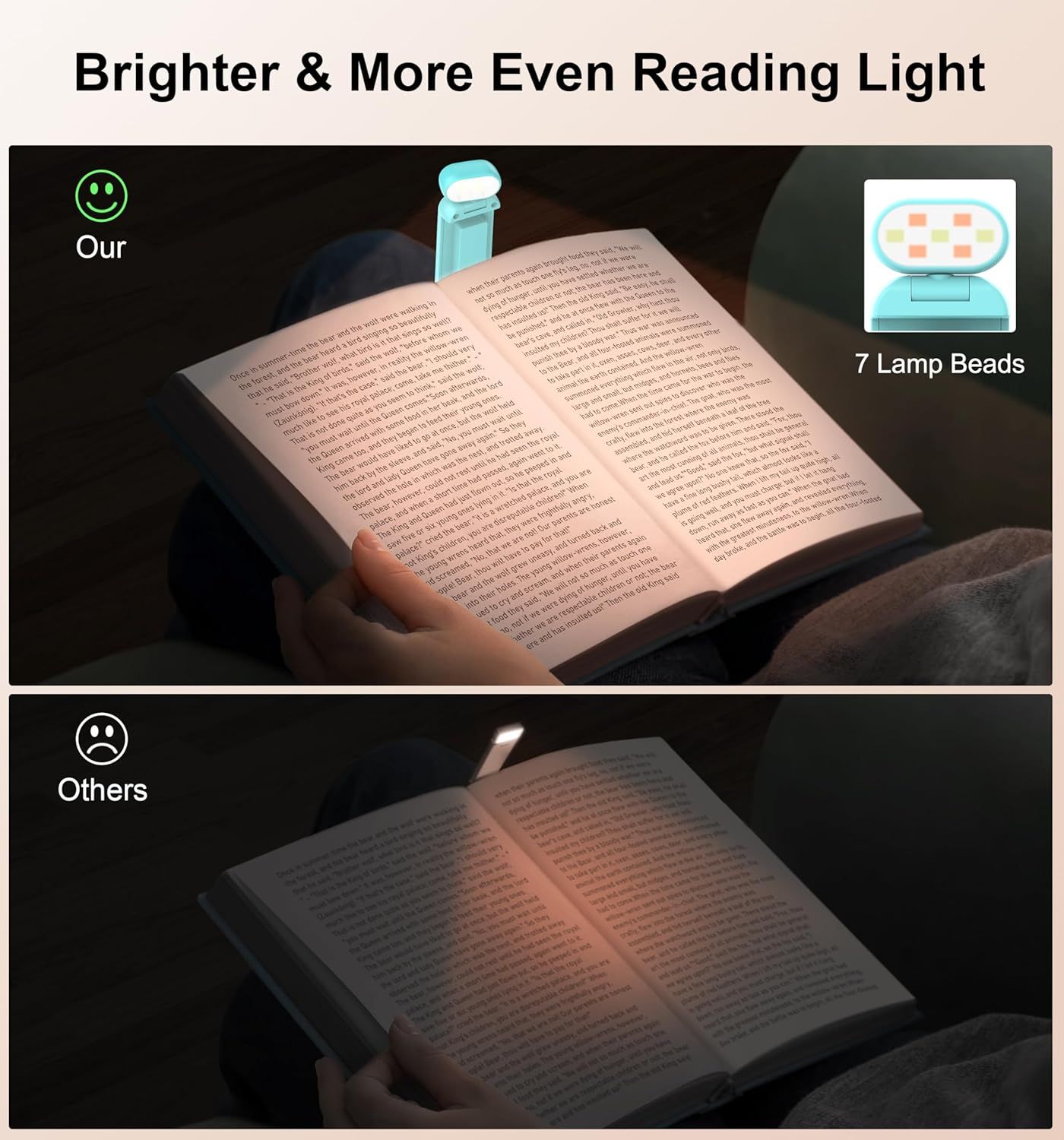 Demonstrates the product's superior lighting performance compared to competing reading lights by showing a side-by-side visual comparison of brightness and coverage, reassuring shoppers that this…