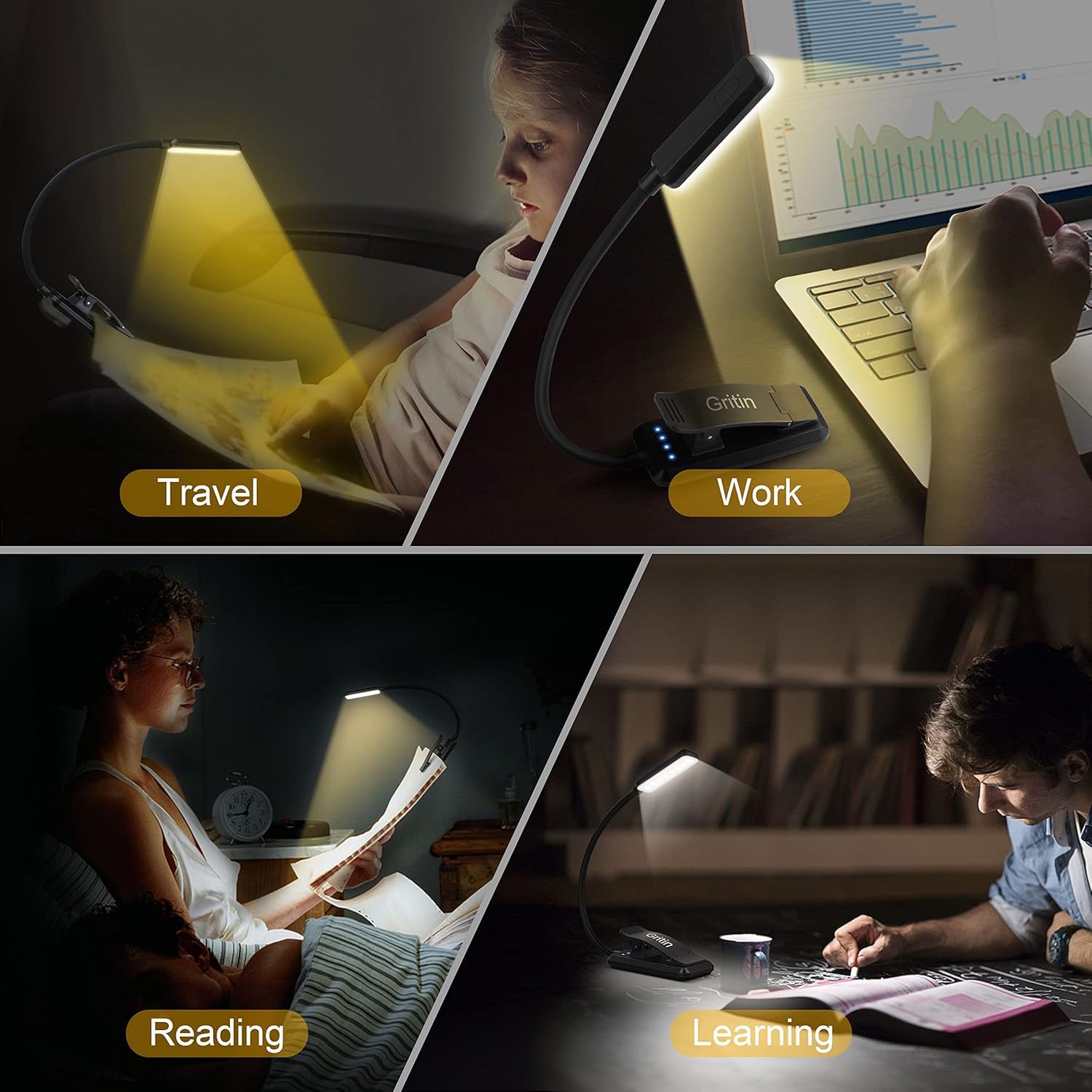Demonstrates the versatility of the product (likely a portable lamp or light) by showing it can be used effectively in four different real-world scenarios, reassuring shoppers it fits multiple needs…