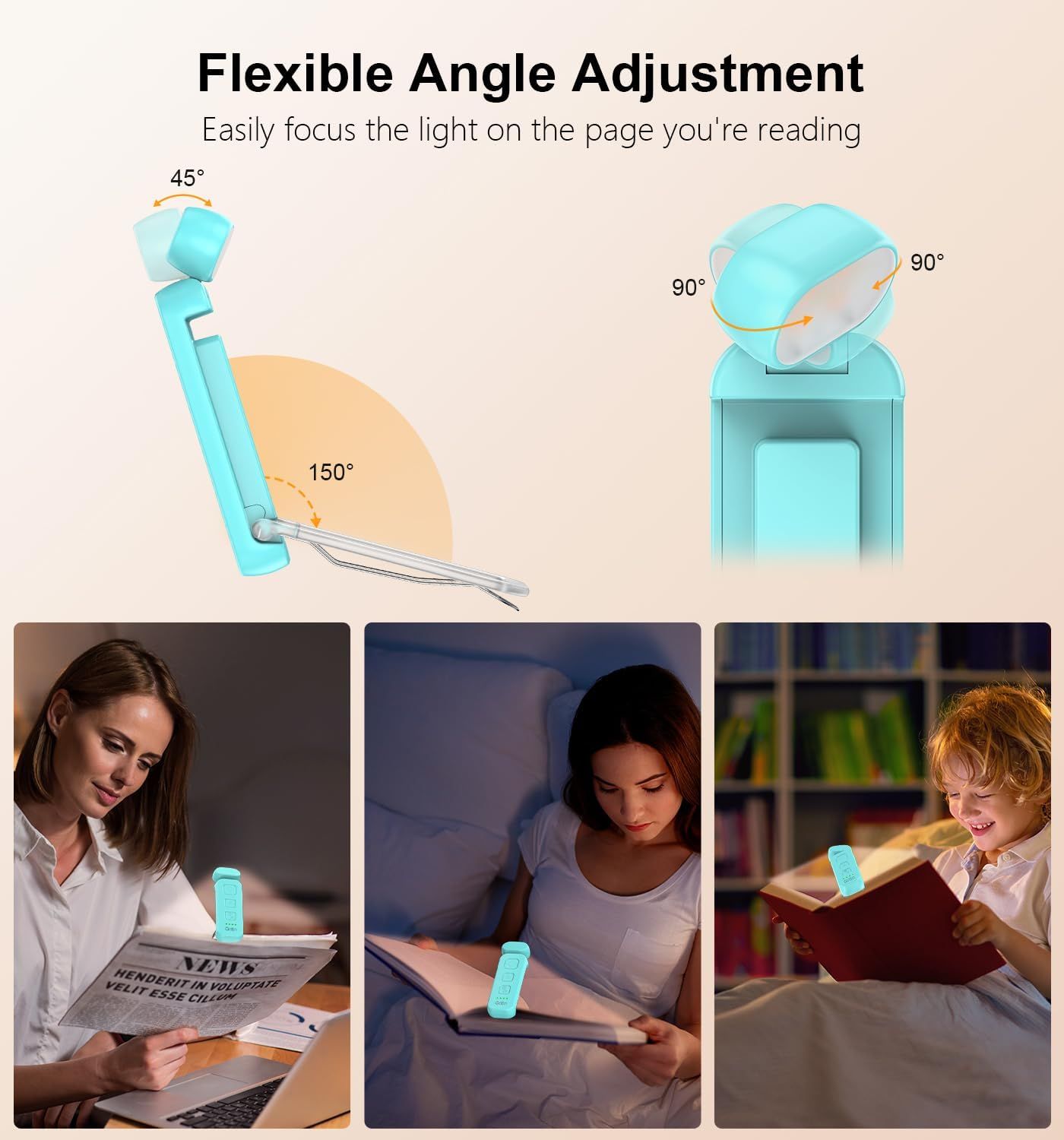 Communicates the product's adjustability with specific angle measurements to show shoppers the precise range of motion and positioning flexibility for optimal reading light. Demonstrates the…