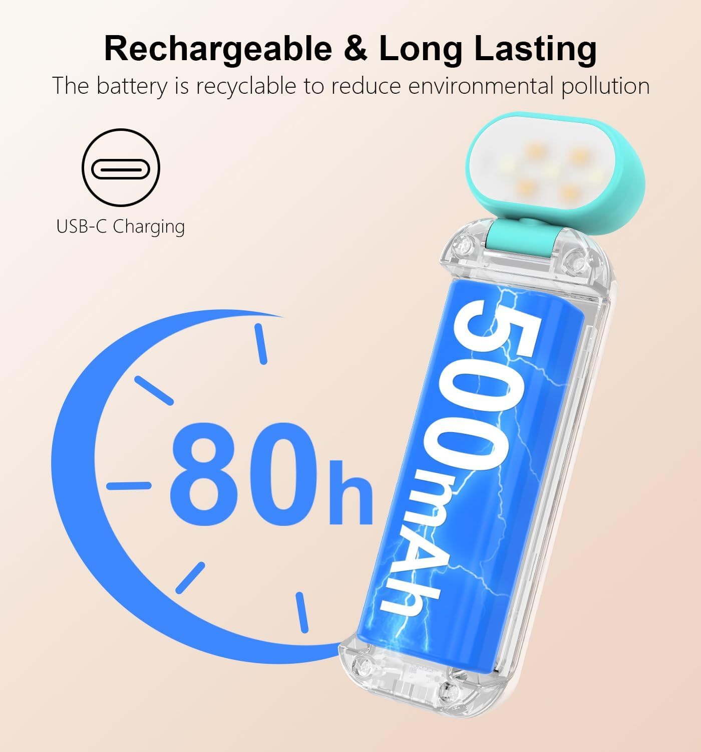 Communicates the product's long battery life (80 hours) and capacity (500mAh) to reassure shoppers of extended usage between charges. Highlights the eco-friendly nature of the rechargeable and…