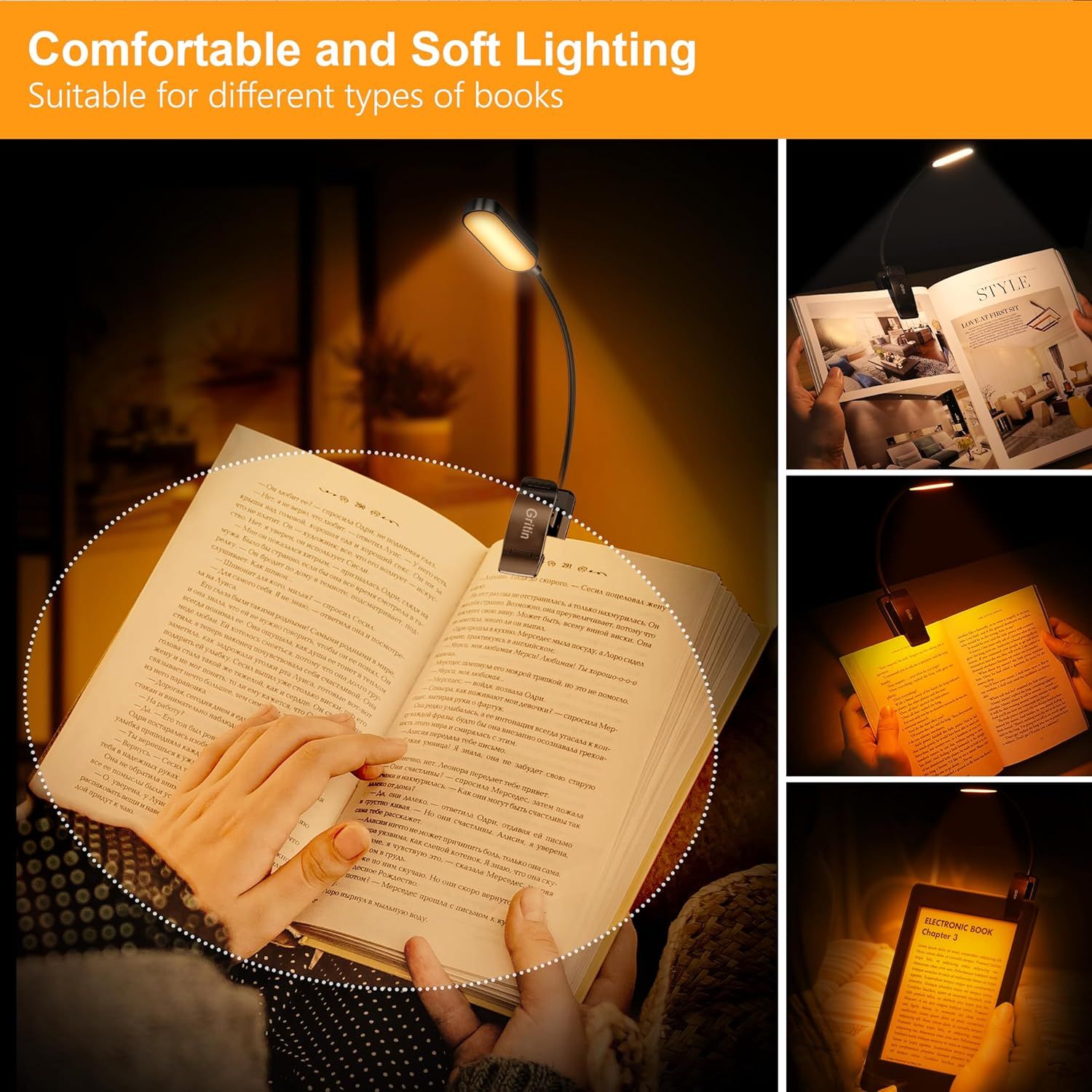 Demonstrates the reading light's versatility by showing it being used with different types of books and reading materials (physical books, magazines, e-readers) in various real-world scenarios.…