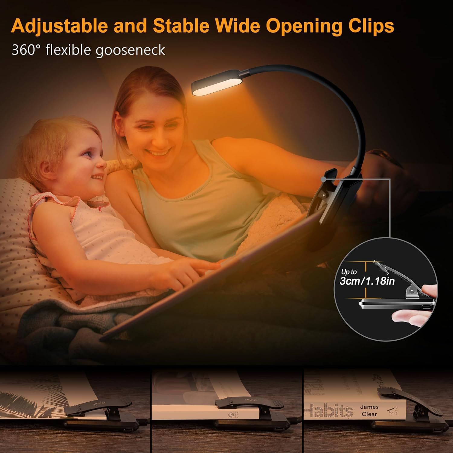 Highlights the physical design features of the lamp, specifically the adjustable wide-opening clips that can accommodate items up to 3cm/1.18in thick and the 360° flexible gooseneck for positioning.…