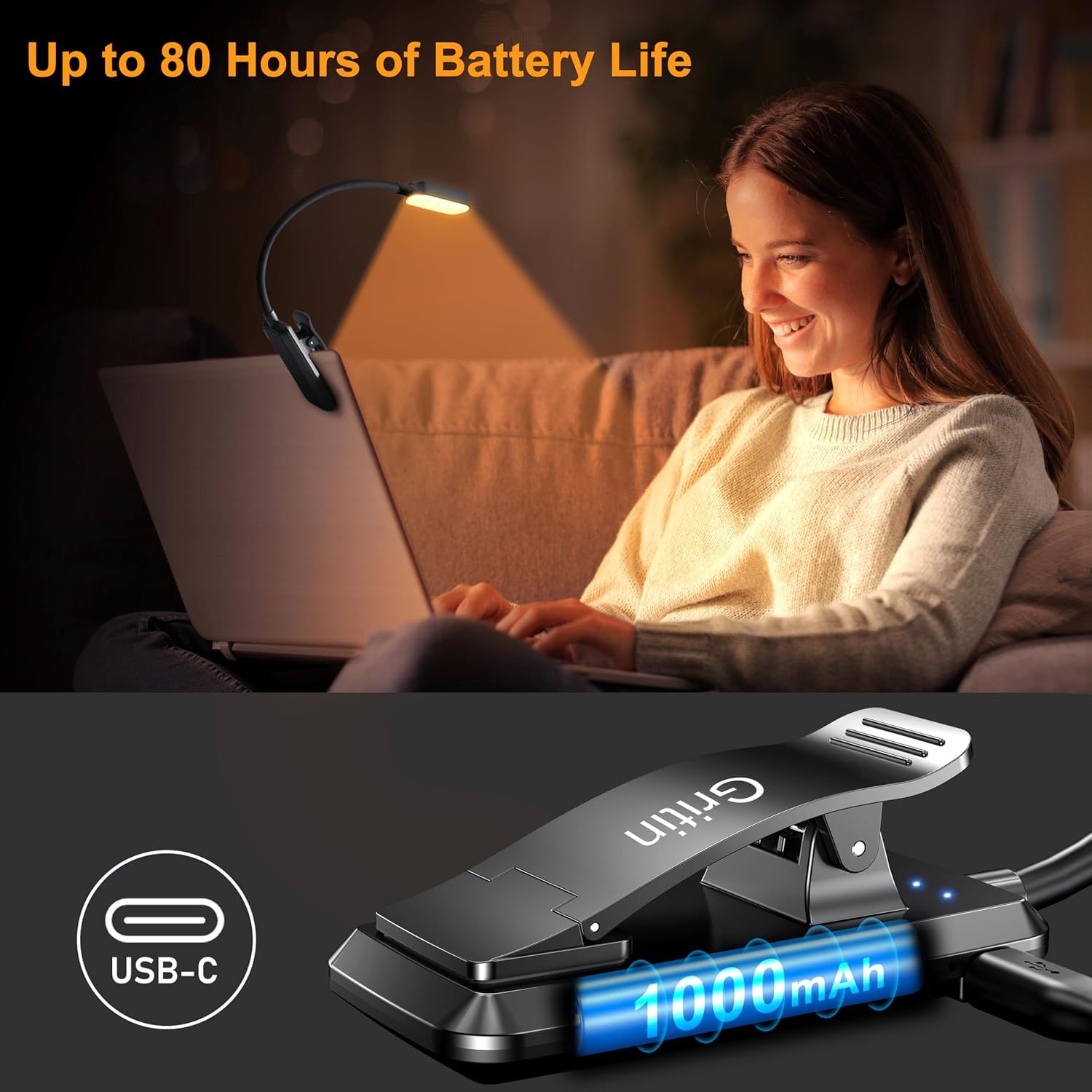Communicates the exceptional battery performance of the clip-on lamp, emphasizing long-lasting use (80 hours) and rechargeable capacity (1000mAh) to reassure shoppers of its reliability and…