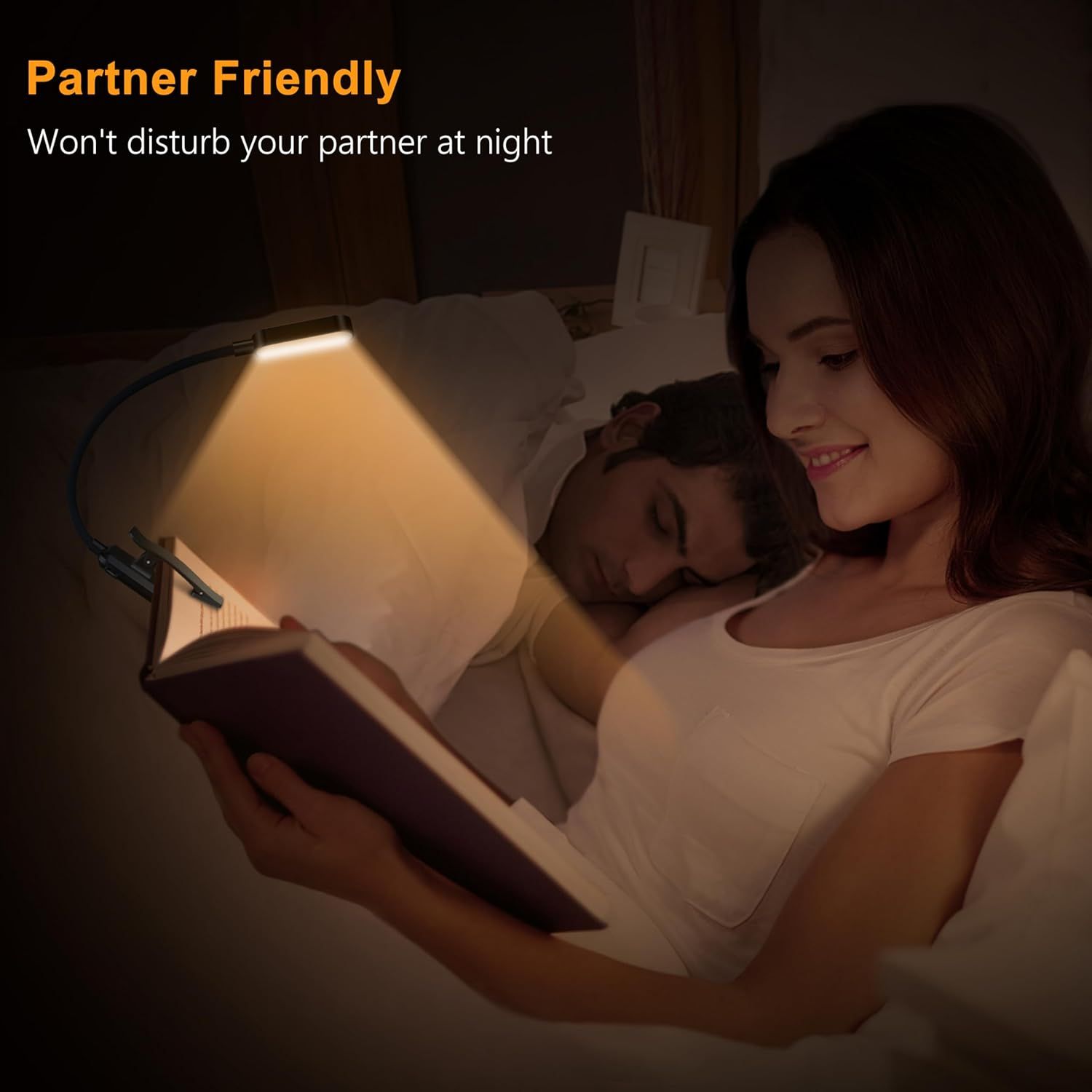 Communicates that the product provides focused lighting that allows one person to read or use the light without disturbing their sleeping partner, emphasizing consideration and convenience.