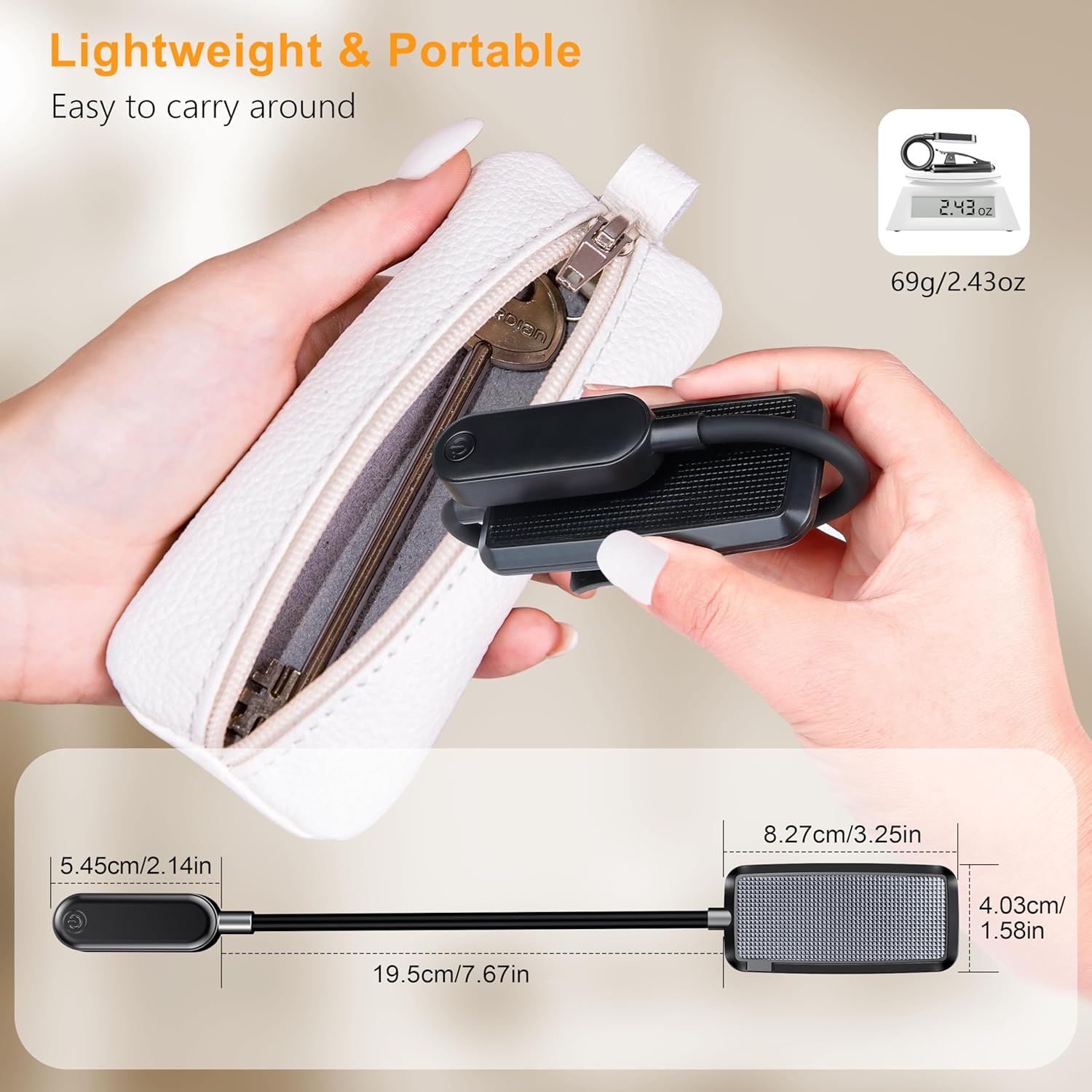 Communicates the product's portability through exact weight and dimensional measurements, reassuring shoppers that it's small and light enough to carry easily. Highlights the product's lightweight…