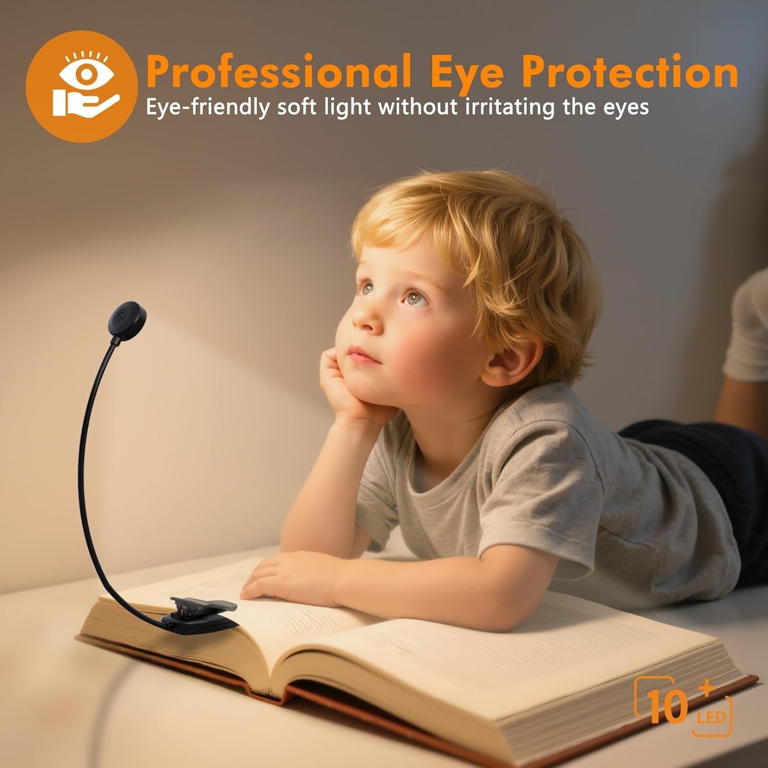 Communicates that the product provides eye-friendly, non-irritating soft light, making it safe and comfortable for children to use while reading or studying.