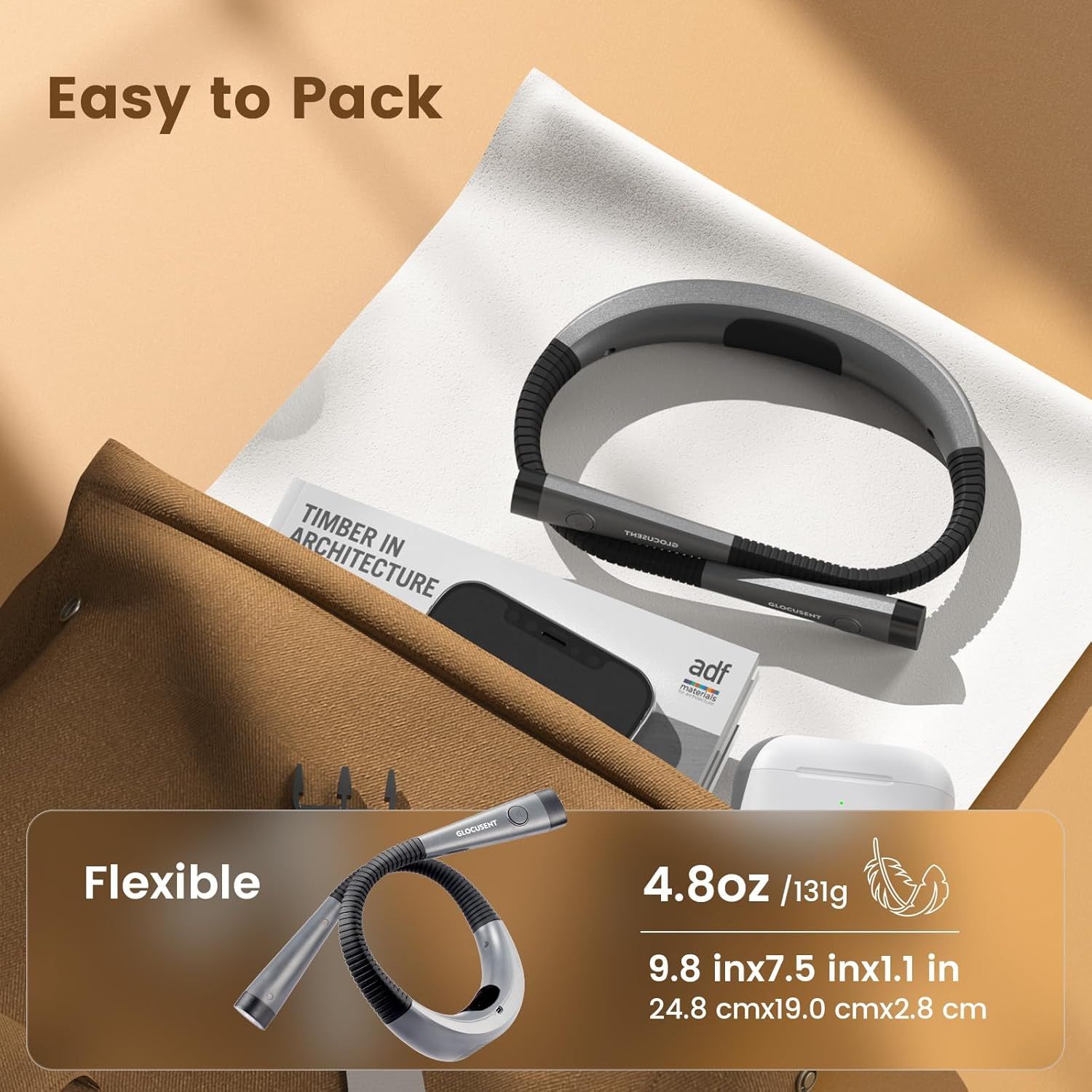 Communicates the product's portability by showing its light weight (4.8oz) and exact dimensions, reassuring shoppers it's travel-friendly and easy to pack. Highlights the product's travel-friendly…