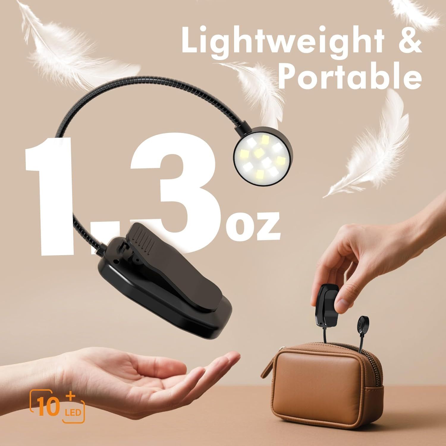 Communicates the product's ultra-light weight of 1.3 ounces to emphasize portability and ease of use, reassuring shoppers that it's convenient to carry anywhere. Highlights the product's portability…