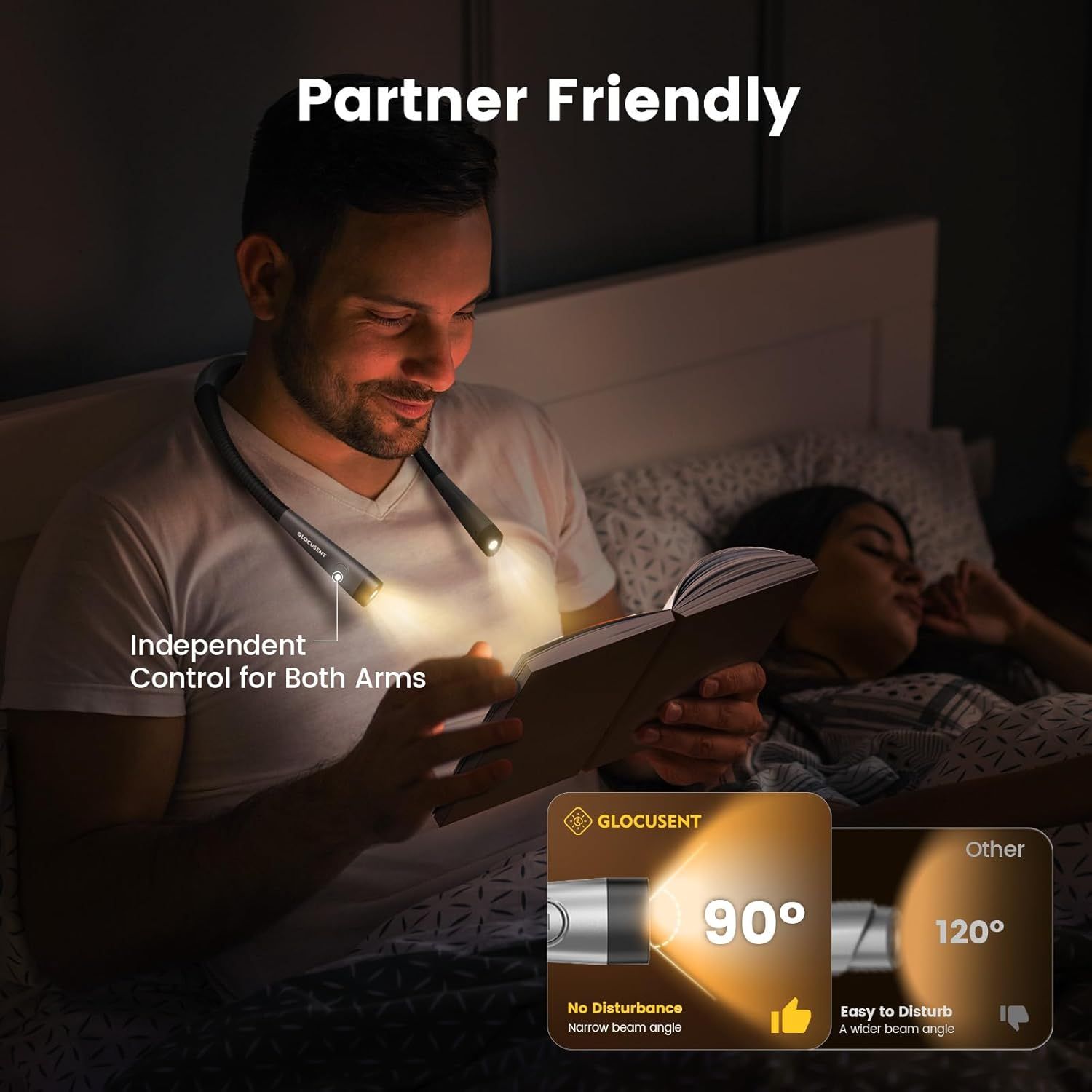 Communicates that the neck light is partner-friendly with independent dual-arm control and a narrow 90-degree beam angle that won't disturb a sleeping partner, making it ideal for nighttime reading…