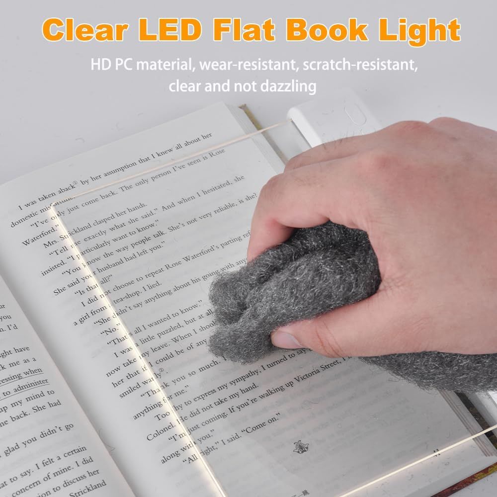 Demonstrates the book light's durable, clear material that resists wear and scratches while providing non-glare illumination for comfortable reading.