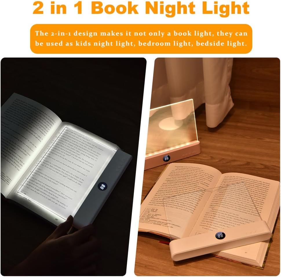 Demonstrates the product's versatility by showing it can function both as a book light and as a standalone bedside/night light, reassuring shoppers of its multiple practical applications.