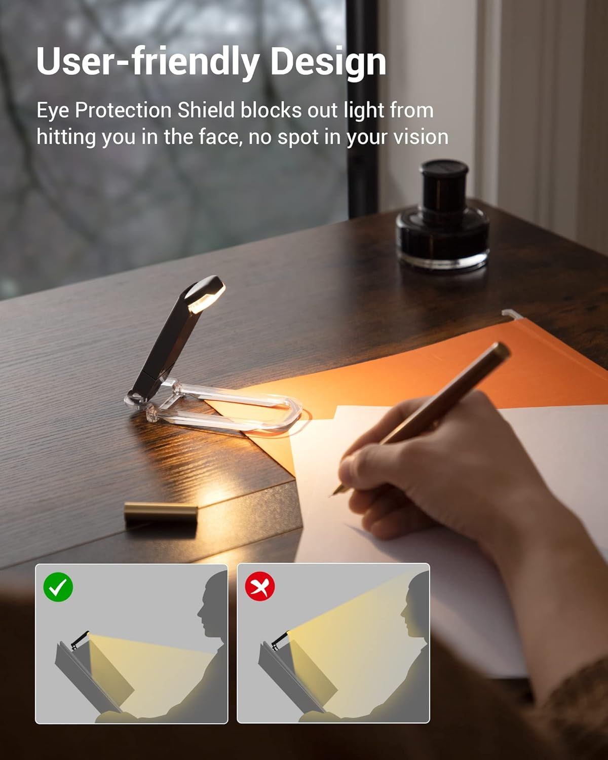 Communicates that the lamp's eye protection shield blocks direct light from hitting the user's face, preventing glare and ensuring no spot in vision for comfortable use.