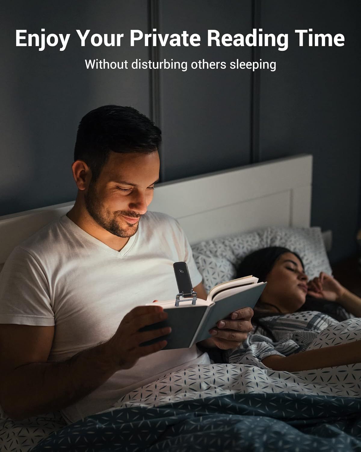 Communicates that the product allows one person to read in bed without disturbing their sleeping partner, emphasizing considerate lighting and privacy.