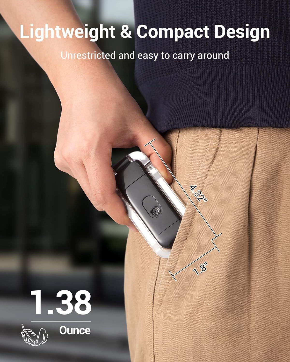 Communicates the product's pocket-friendly size (4.32" x 1.8") and ultra-light weight (1.38 ounces) to reassure shoppers it's portable and easy to carry. Highlights the product's portability benefit…