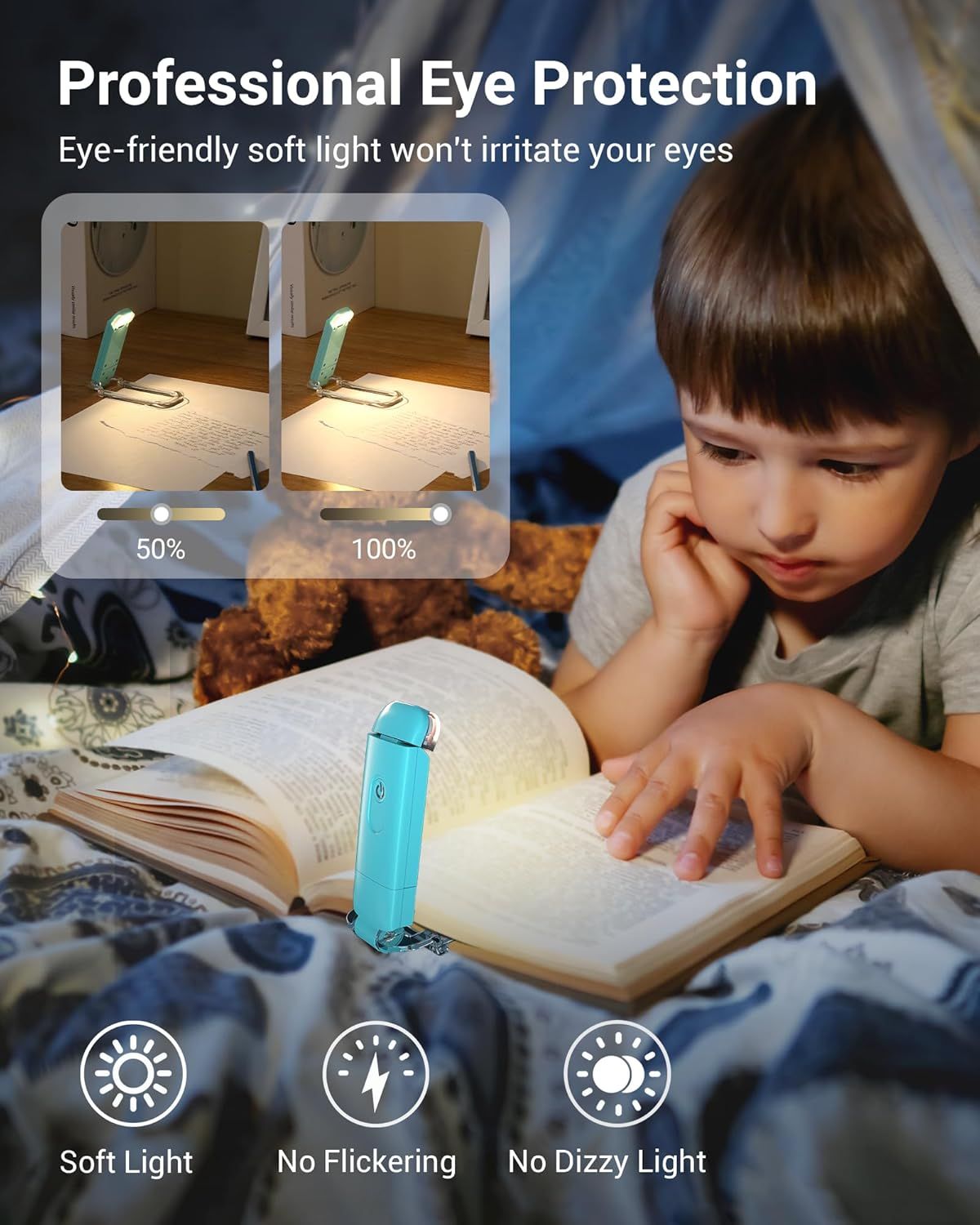 Communicates multiple eye protection benefits of the reading light, including soft light quality, brightness control, and flicker-free operation to reassure parents about child safety and comfort.